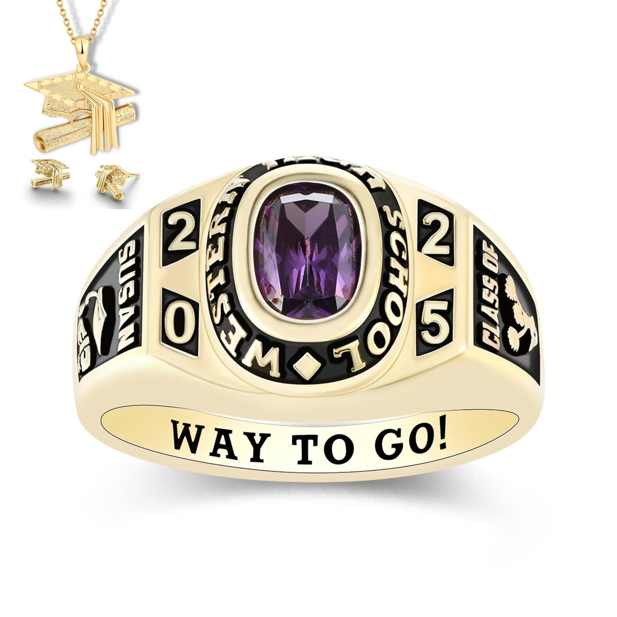 PJM Mementos USA Premium Class Ring Authentic Class Ring for Women – Flawless Collection – Genuine 925 Sterling Silver or 10KT Gold – Customized High School College University Women's Class Ring – Graduation Gifts