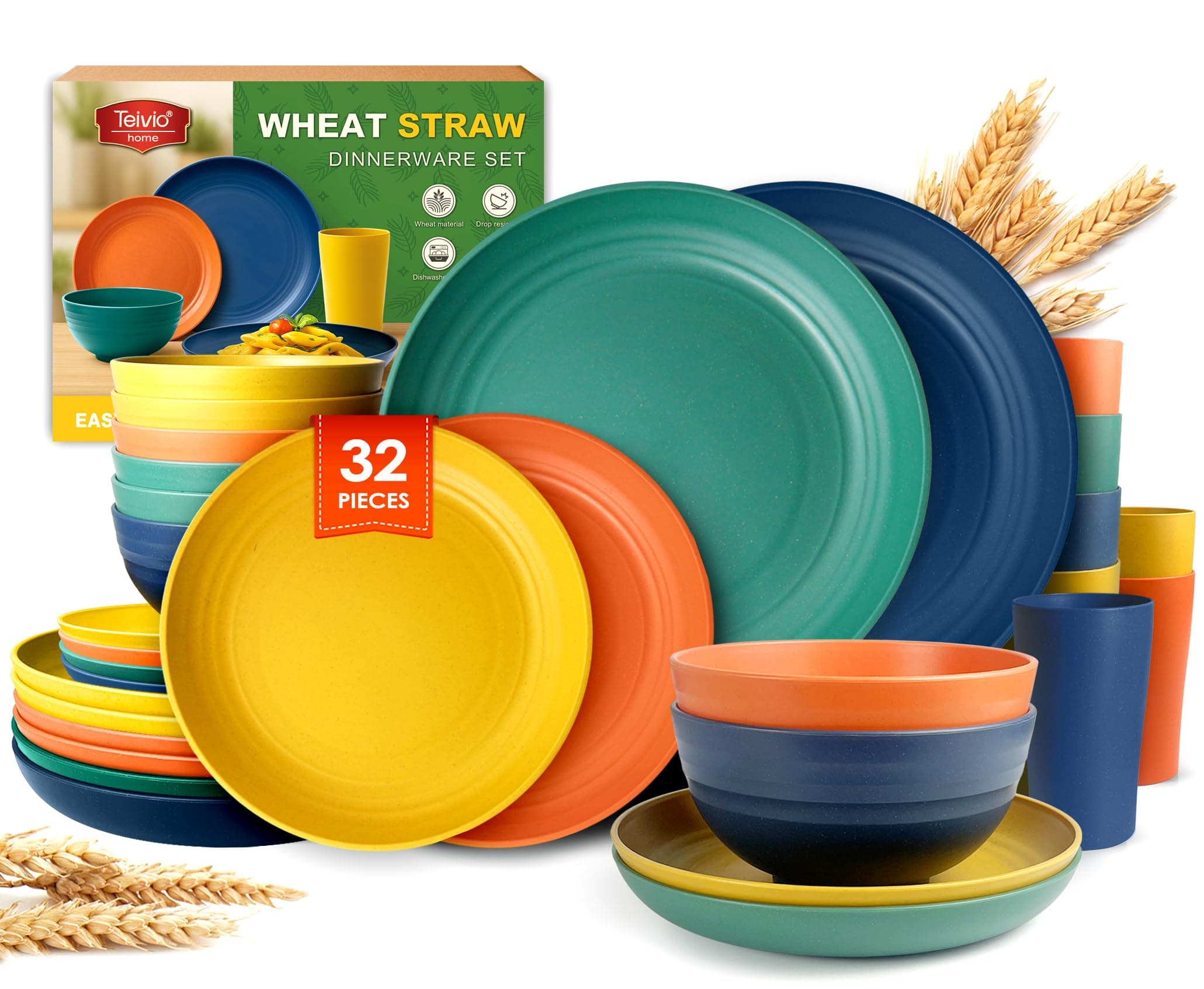 32-Piece Kitchen Plastic Wheat Straw Dinnerware Set, Service for 8, Dinner Plates, Dessert Plate, Cereal Bowls, Cups, Unbreakable Colorful Plastic Outdoor Camping Dishes, Autumn Multicolor