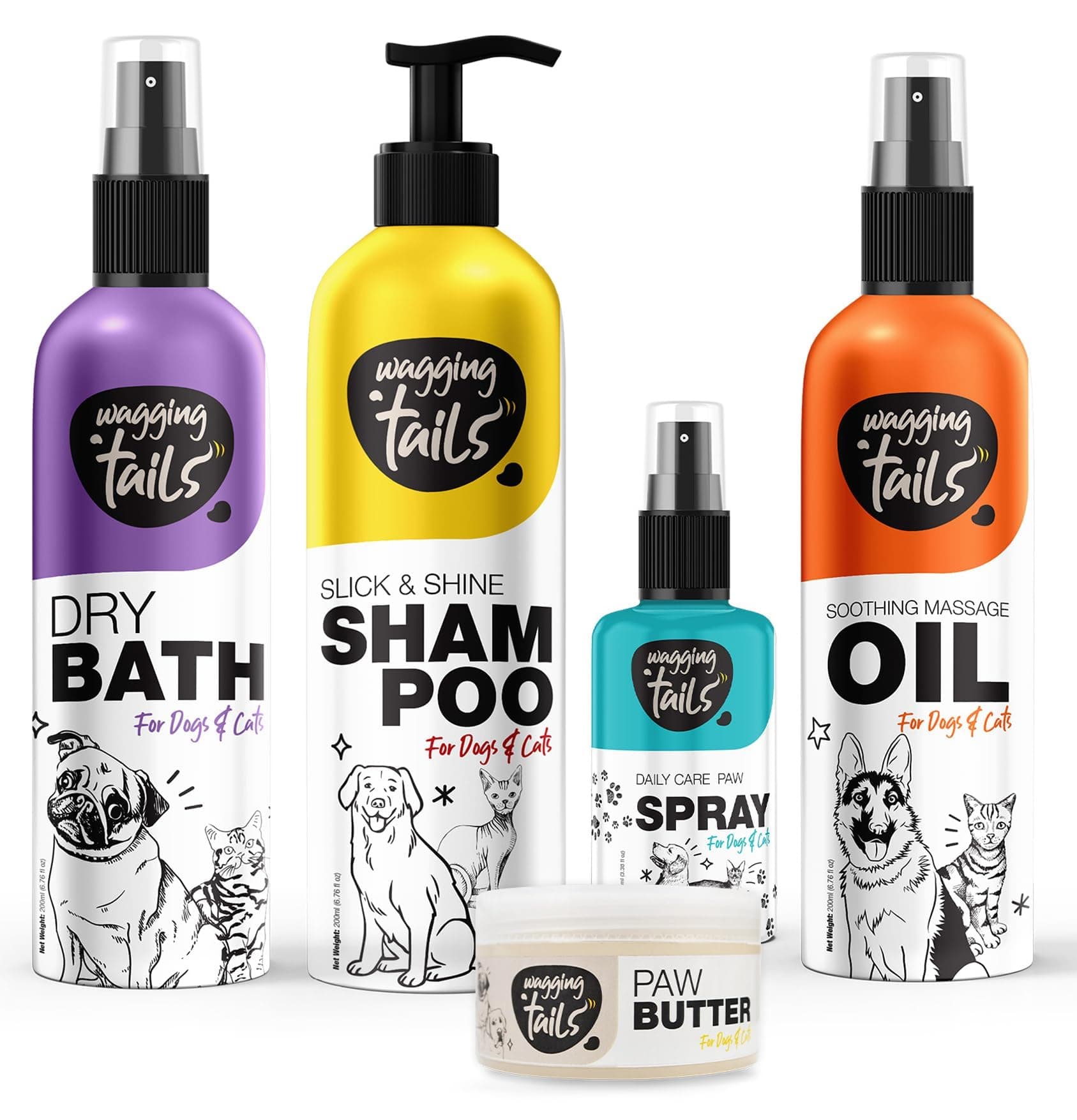 Wagging Tails 5 In 1 Grooming Kit Combo For Pets Dog Shampoo 200Ml+Dry Bath 200Ml+Massage Oil 200Ml+Paw Butter 50G+Paw Spray 100Ml Made With Natural Ingredients Head To Paw Gift Box,700 Milliliter
