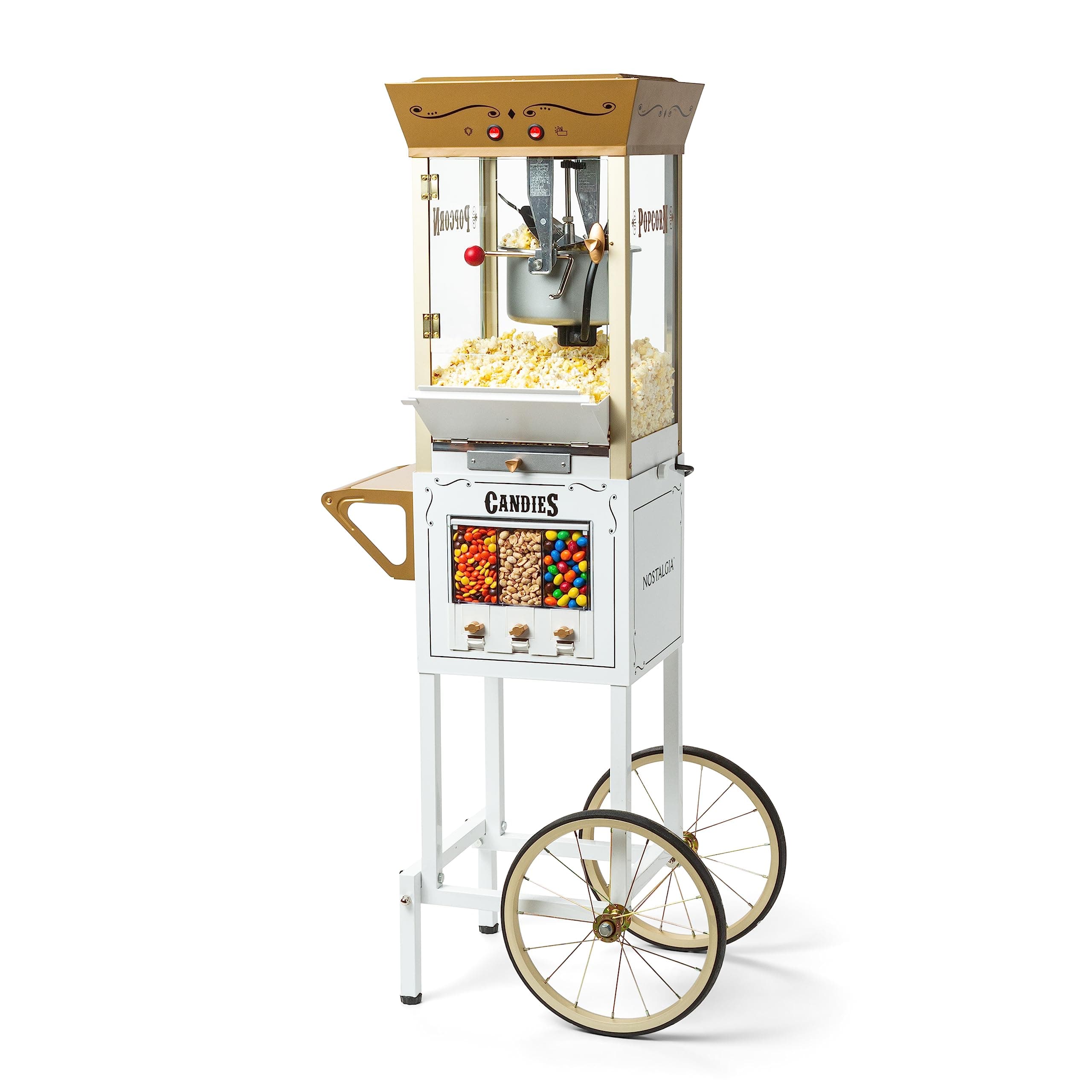 Vintage 8 Ounce Professional Popcorn and Dispensing Cart, Makes Up to 32 Cups, Three Storage Dispensers for Kernels, Candy, Nuts, Chocolate, Measuring Spoons and -Scoop Included