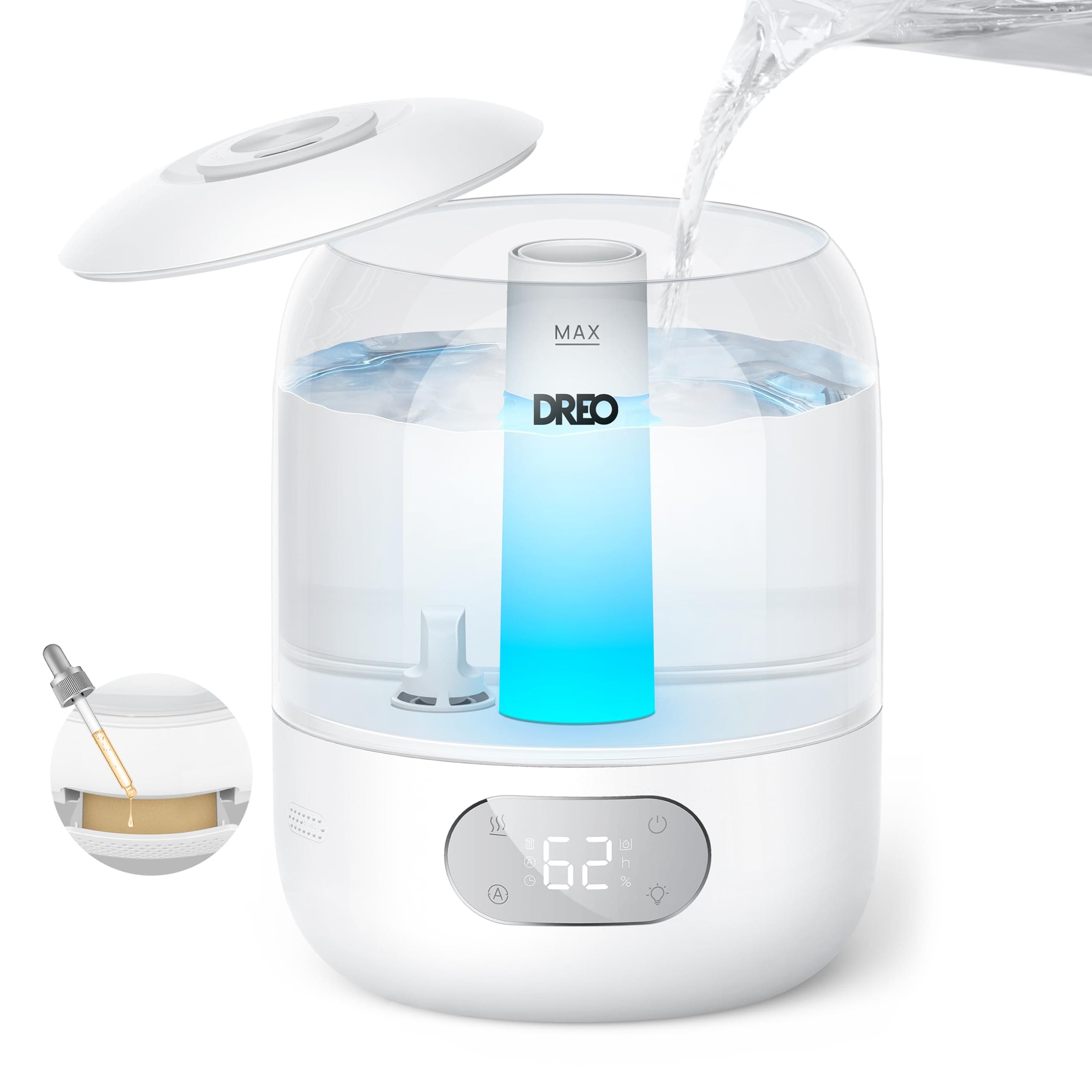 Humidifier for Bedroom with Sensor, 26dB Quiet Cool Mist Ultrasonic Humidifiers for Home, 360° Nozzle, 30H Runtime, Ambient Light Indicator, Essential Oil Diffuser, Room, Plants, Nursery, White