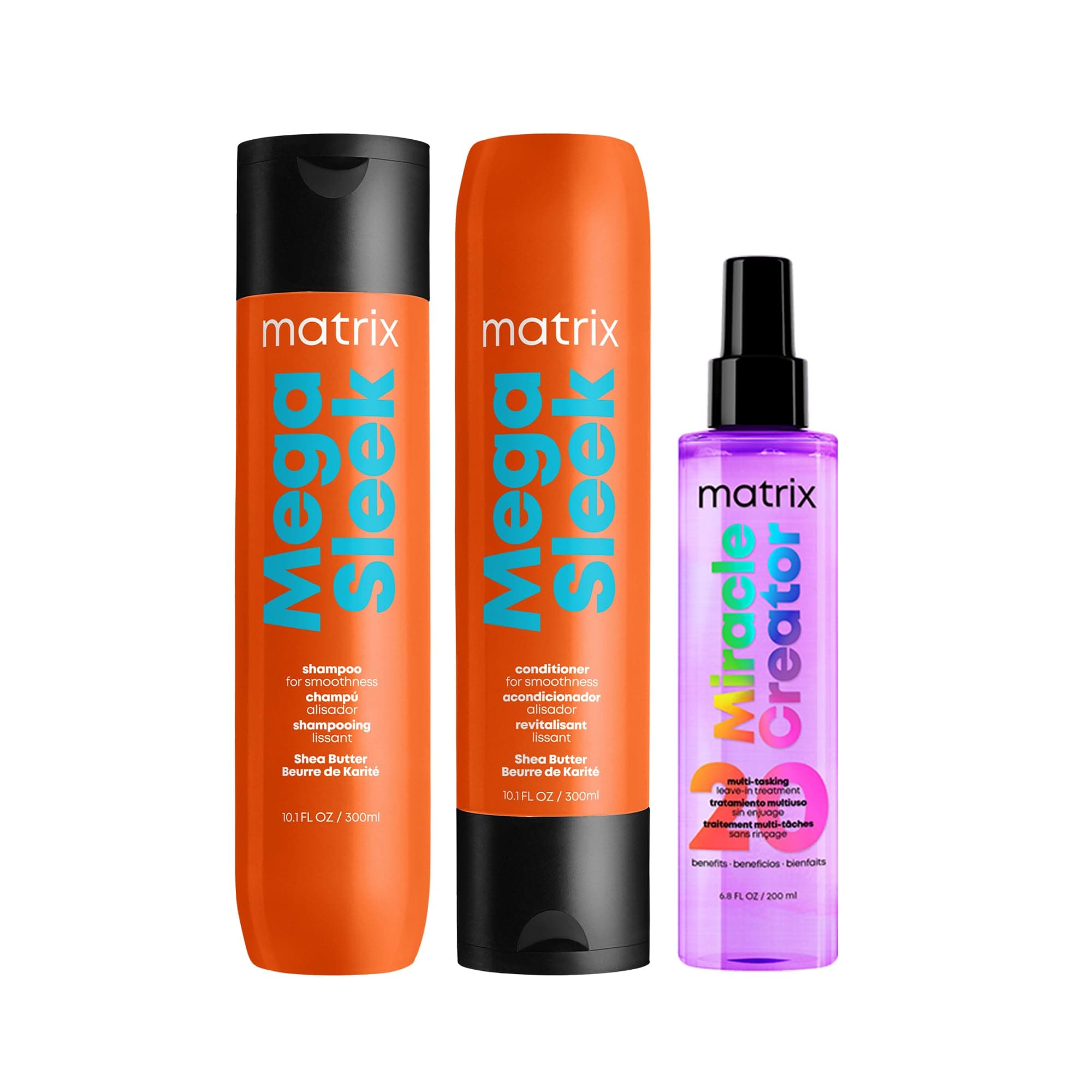 Mega Sleek Shampoo, Conditioner, & Miracle Creator Set - Controls Frizz Leaving Hair Smooth & Shiny, Nourishes With Shea Butter, For Dry, Damaged Hair, Salon Routine
