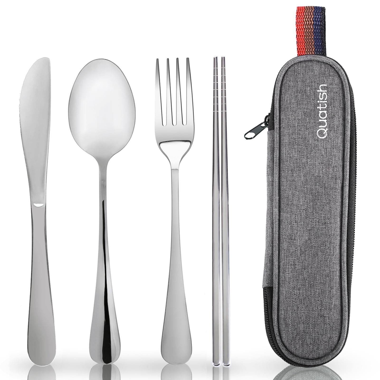 Quatish Travel Utensils with Case, Portable Silverware Set for Work, 304 Stainless Steel Reusable Travel Cutlery Set, Fork and Spoon Set for Camping, EDC Gadgets, Lunch Box for Men, Silver
