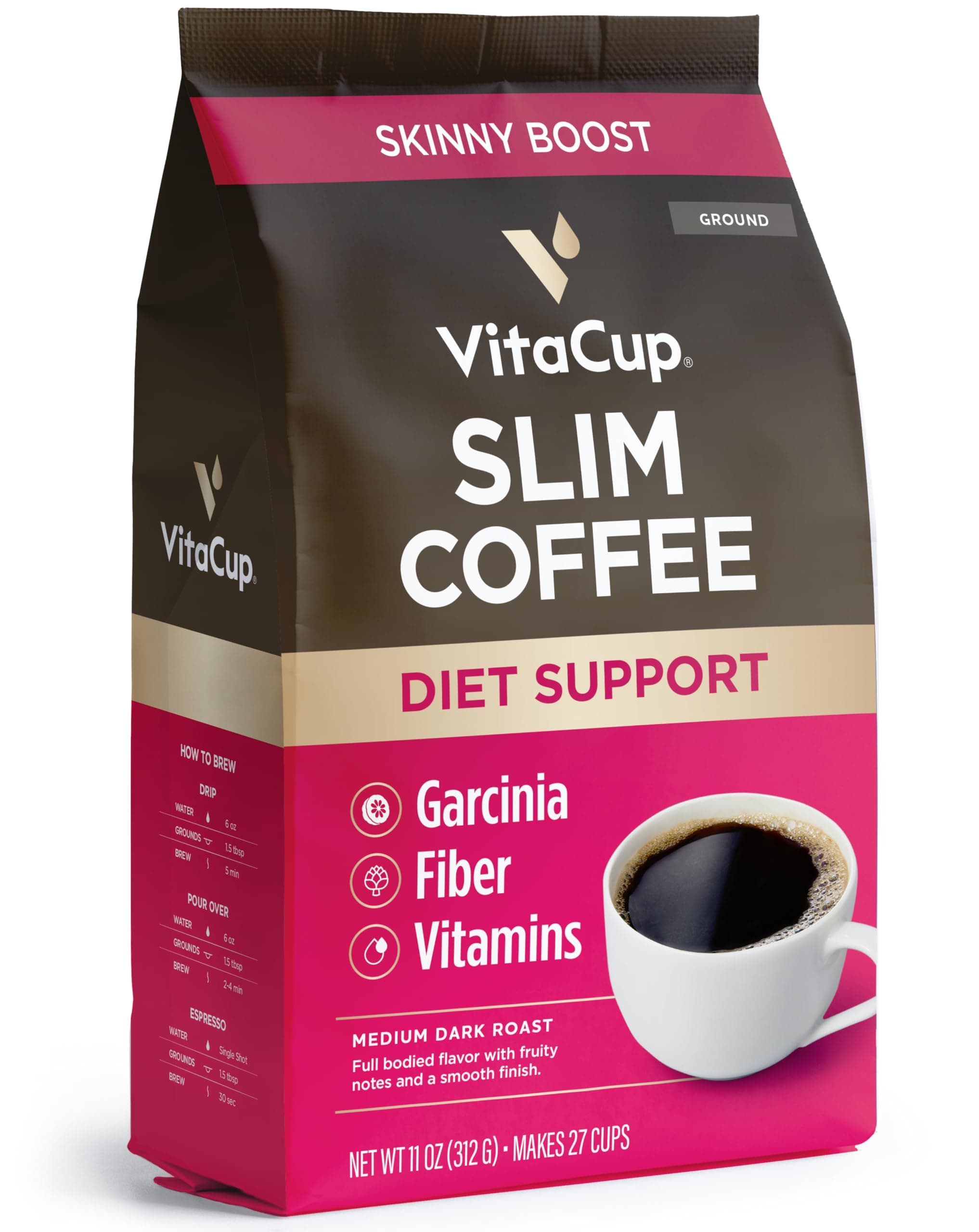 Slim Ground Coffee, Diet Support with Ginseng, Garcinia, B Vitamins, Medium Dark Roast, Bold and Smooth,100% Arabica Specialty Coffee Grounds, 11oz