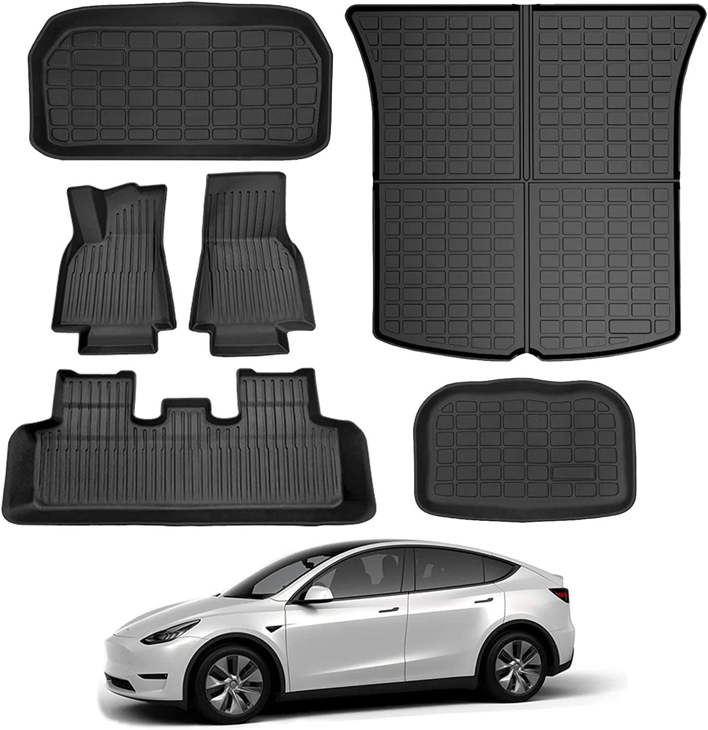 Moonmen 6PCS Full Sets Tesla Model Y Floor mats 2021-2024, All Weather 1st&2nd Seater Floor Mat and Front & Rear Trunk Mat, Waterproof Anti-Slip Heavy Duty Cargo Liner Mat, Car Accessories (Model Y)