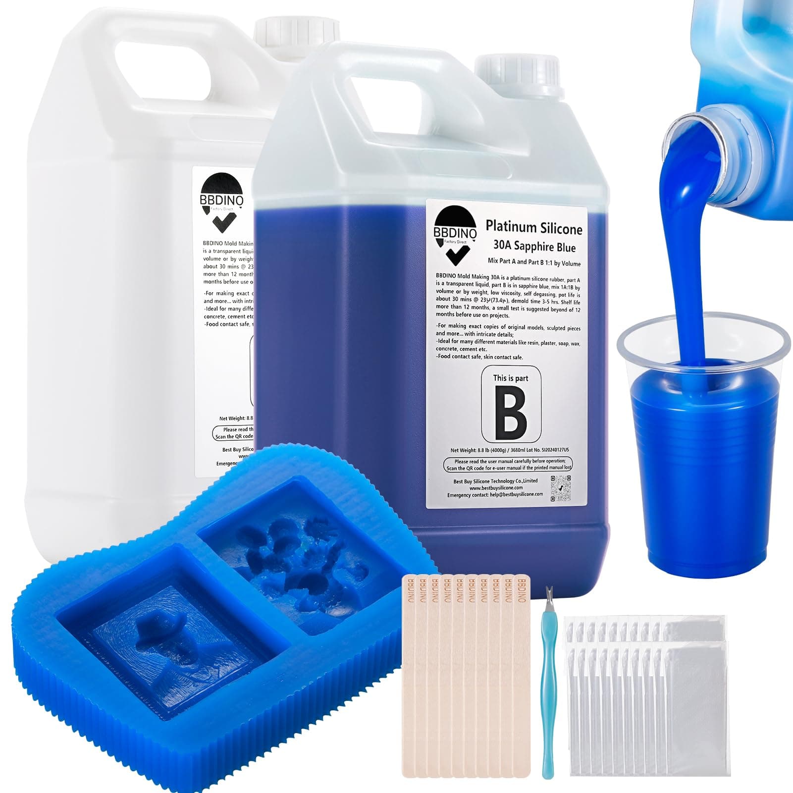 BBDINO Silicone Mold Making Kit 30A - Platinum Liquid Silicone for Molds Making 2 Gallons 1:1 by Volume- Ideal for Silicone, Resins, Soap, Concrete, Wax Molding Sapphire Blue