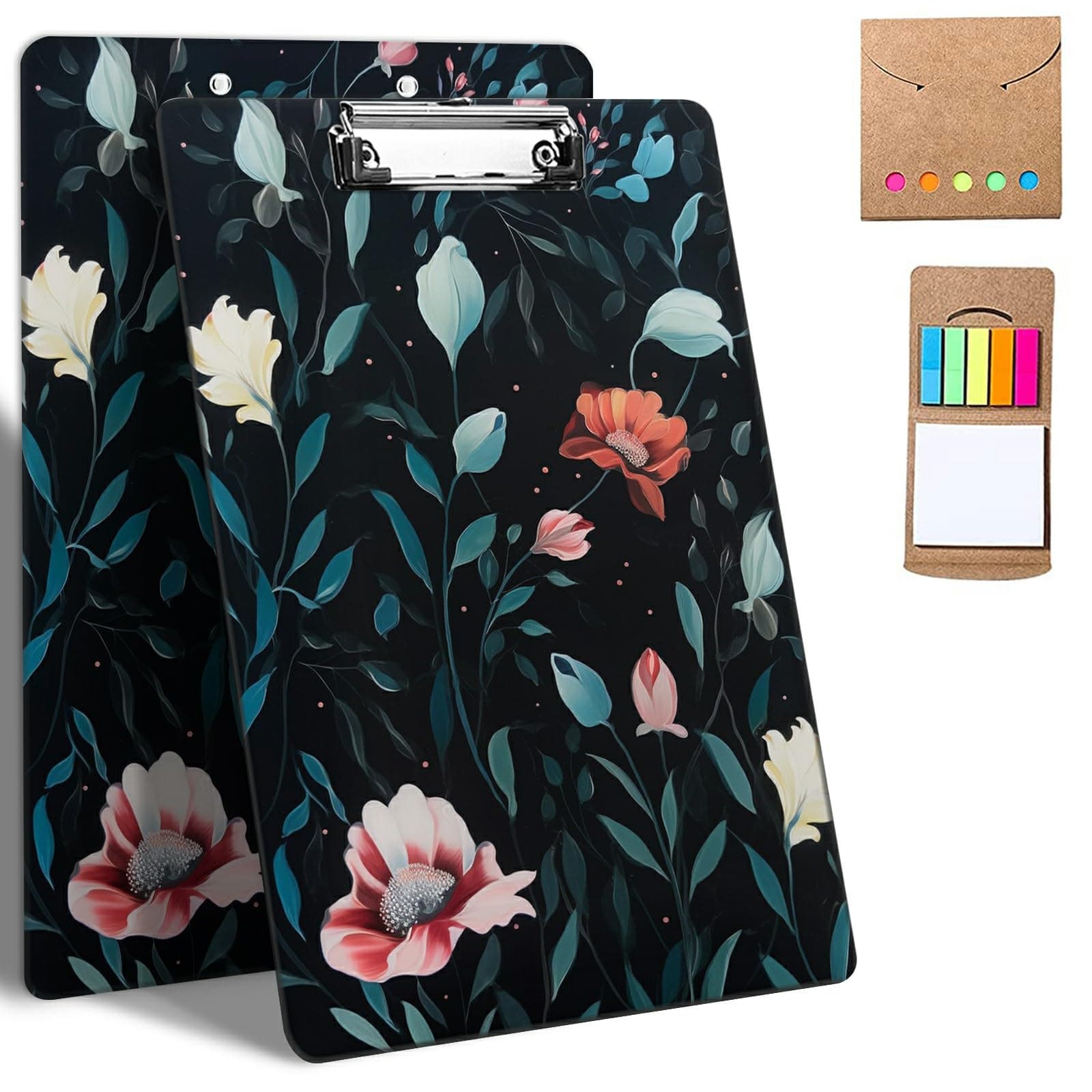 Plastic Clipboards, 9 x 12.5 Clip Boards with Low Profile Clip, Cute Clipboard Clip Board Stardard A4 Letter Size for Classroom,Office,Students,Women,Kids,with Notes,Art Flower