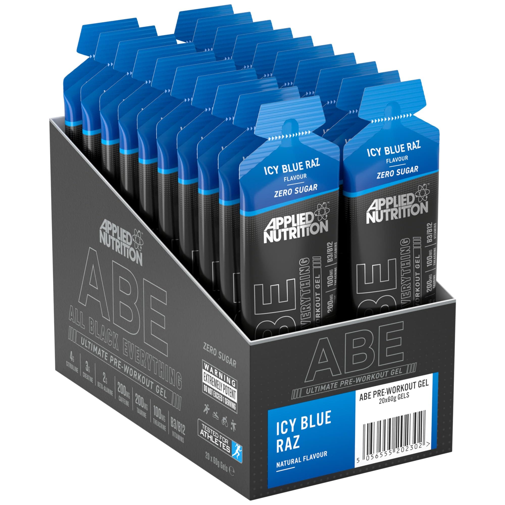 Applied Nutrition ABE Pre Workout Gel - All Black Everything Pre Workout Gel, Energy & Physical Performance with Citrulline, Creatine, Beta Alanine (20 x 60ml Gels) (ICY Blue Raz)