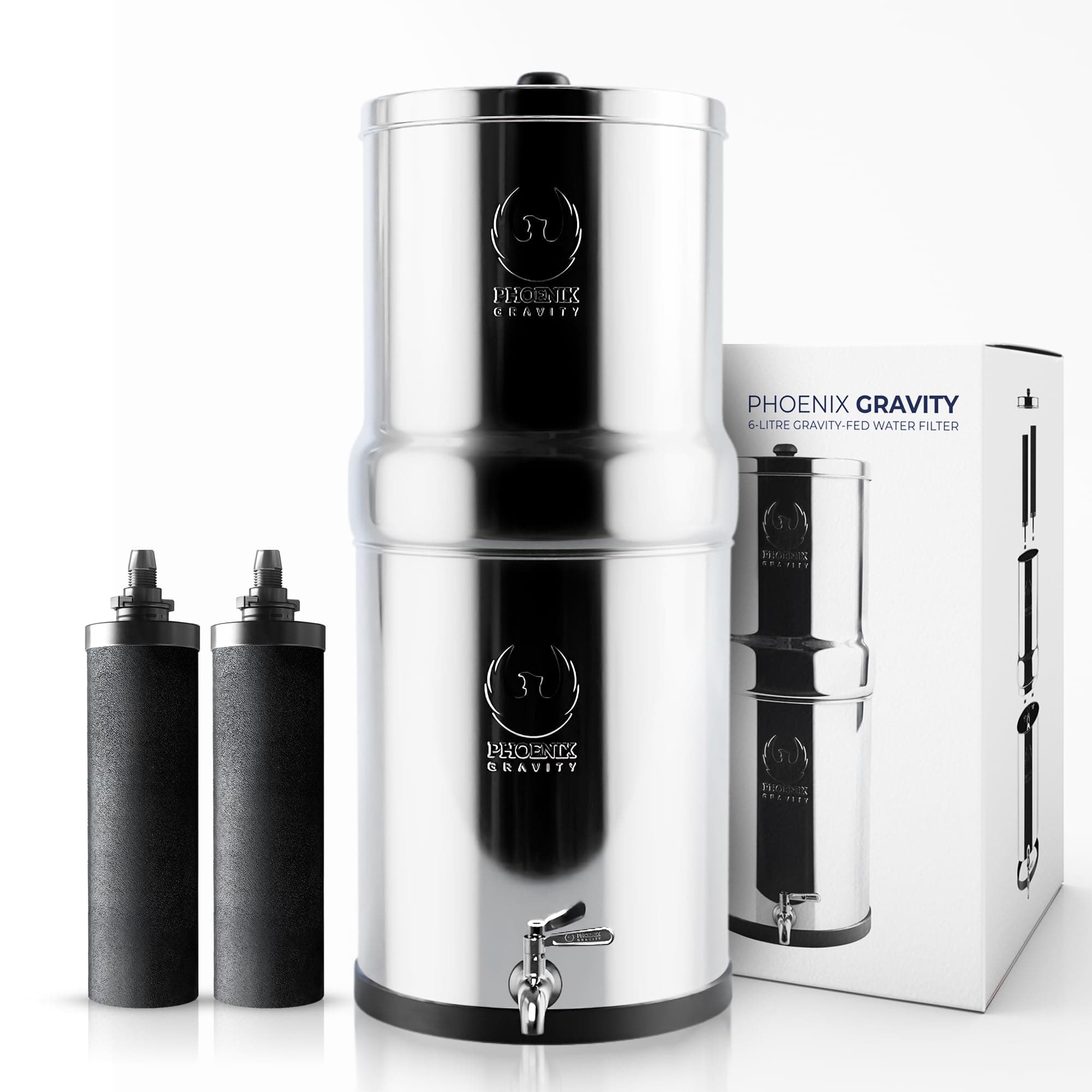 PHOENIX GRAVITY 6-Liter Stainless Steel Gravity Water Filter | NSF/ANSI 42 & 372 Certified | 2 Smart Carbon Cartridges Included | No Electricity or Plumbing Needed | Clean, Healthy Drinking Water