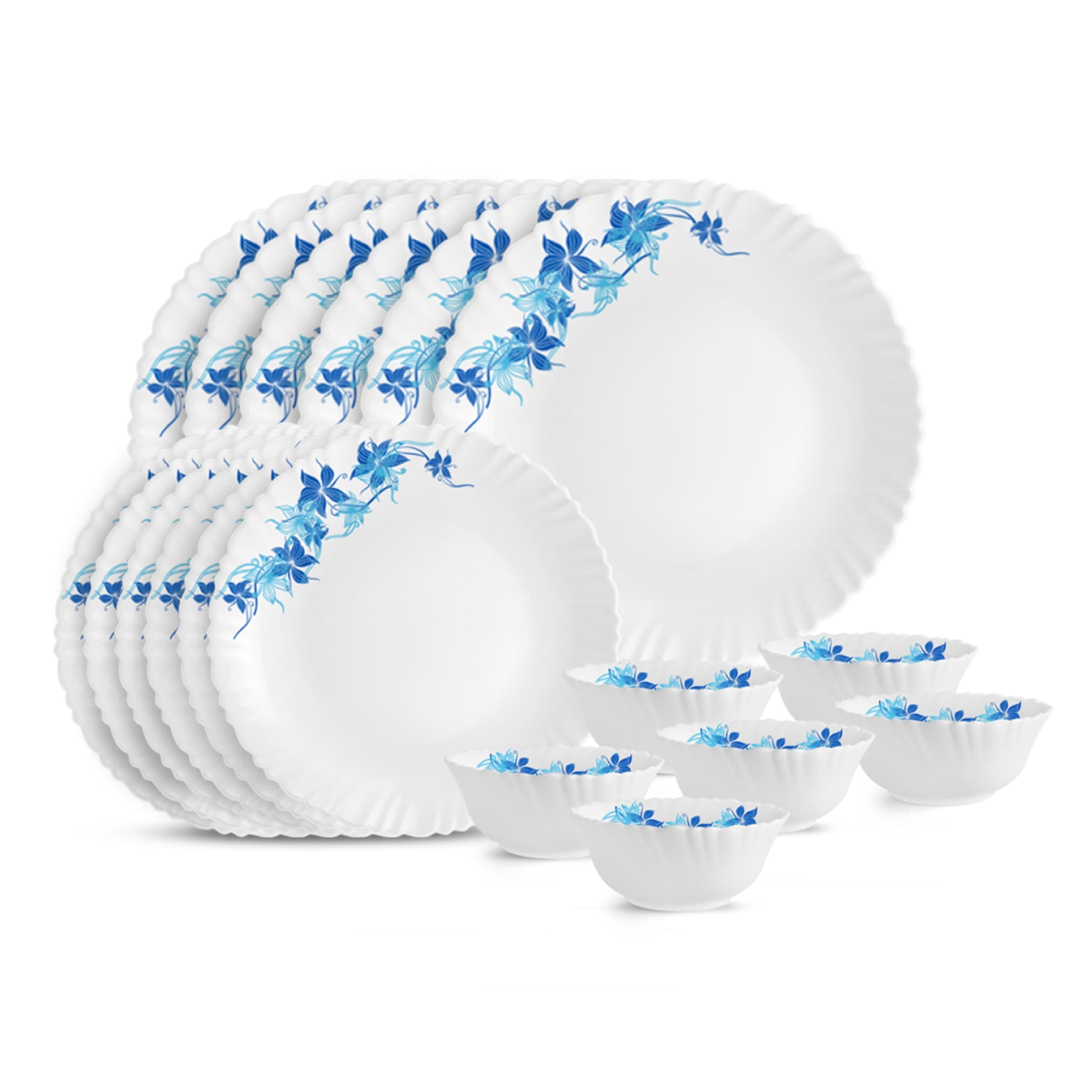 CELLO Blue Swirl Dazzle Series Opalware Dinner Set of 18 Pieces for Family of 6 | Bone-Ash Free & Leadfree Opal Glass, Microwave & Dishwasher Safe, Plates & Bowls Crockery Set for Dining & Gifting