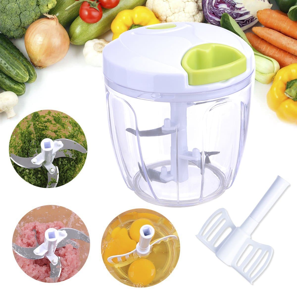 Manual Food Chopper - Multifunction Vegetable Choppers, 5 Blades Pull String Manual Food Chopper with Mixing Blades for Slice, Mince, Chop or Blend Vegetables, Fruit, Nuts, Herbs, Onions and Salsas (900ml)