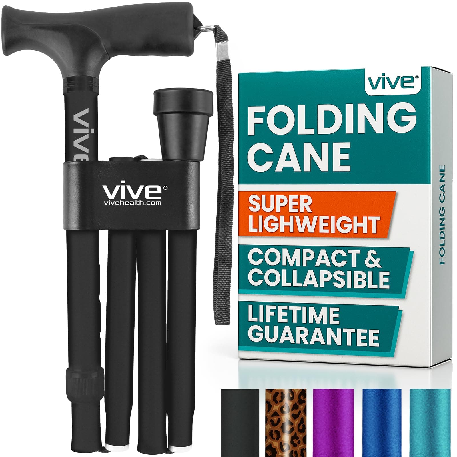 Vive Folding Cane - Foldable Walking Cane for Men, Women - Fold-up, Collapsible, Lightweight, Adjustable, Portable Hand Walking Stick - Balancing Mobility Aid - Sleek, Comfortable