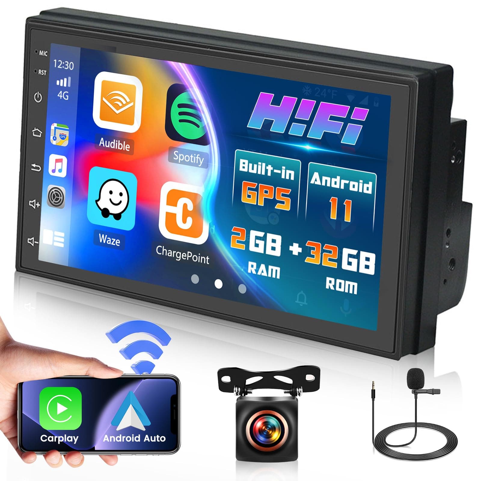 Hikity 2+32GB Android Double Din Wireless Carplay Car Stereo, 7'' Touch Screen Android Car Radio with GPS Navigation, Android Auto, HiFi, WiFi, Bluetooth, FM, Mic, Backup Camera