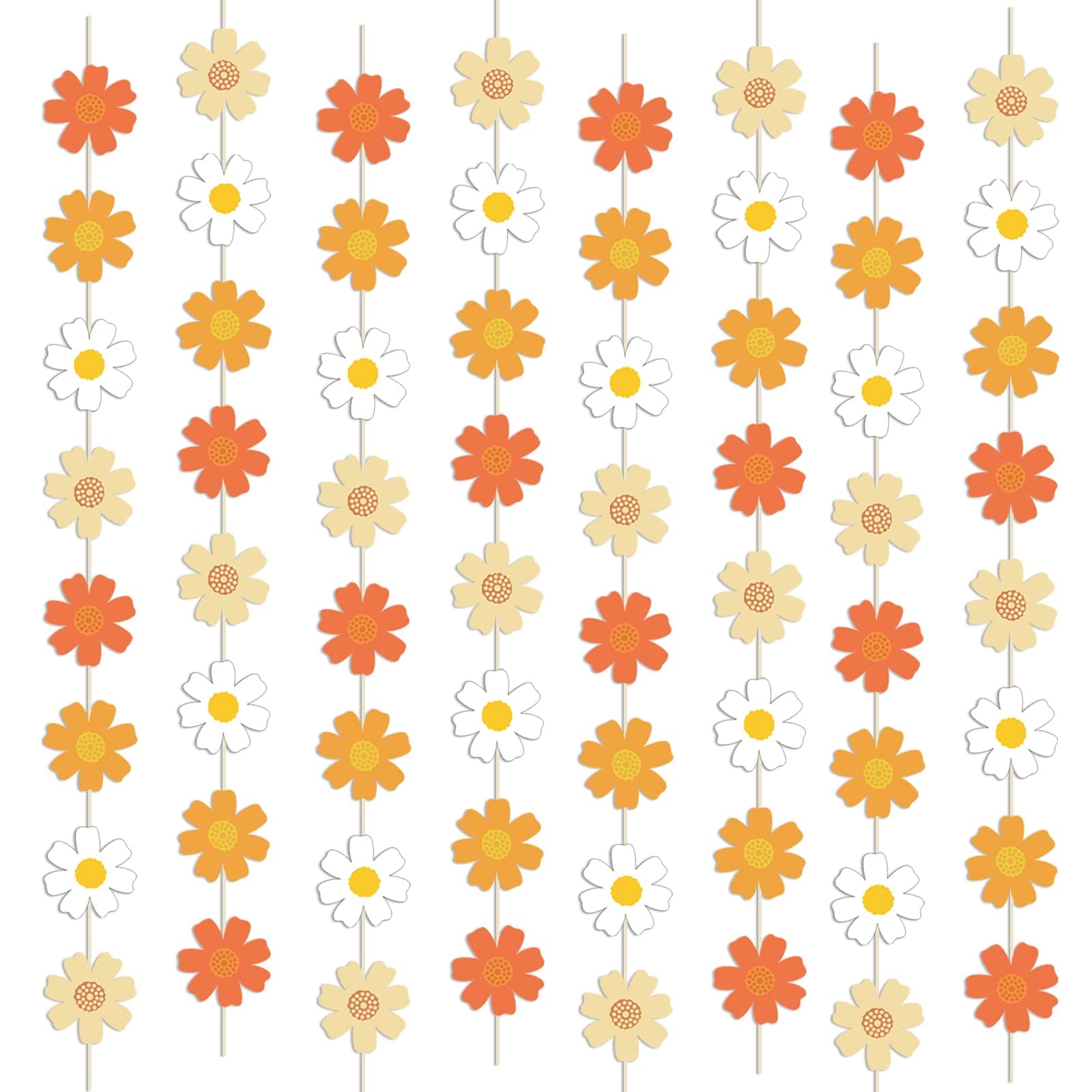 RTHPY Daisy Groovy Boho Party Hanging Banners & Retro Hippie Party Supplies Decorations - Daisy Paper Cutouts for Baby Girl Birthday - 8 PCS, 55 Inch, White, Yellow, Orange, Green Paper Banners
