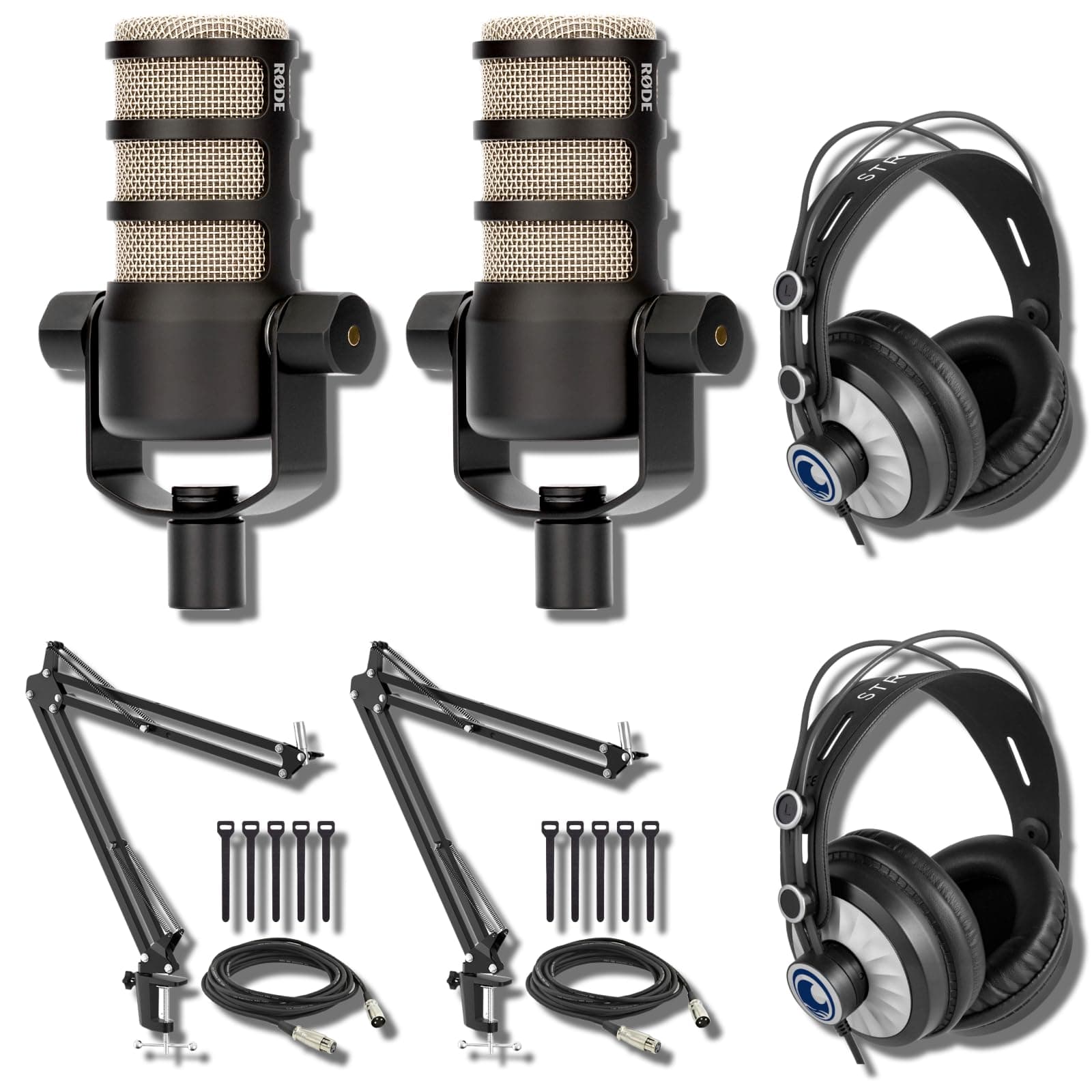 Rode PodMic Dynamic Podcast Microphone (Pair) with BOOMARM Mic Arms, Over-Ear Podcast Headphones, XLR Cables and Polishing Cloth