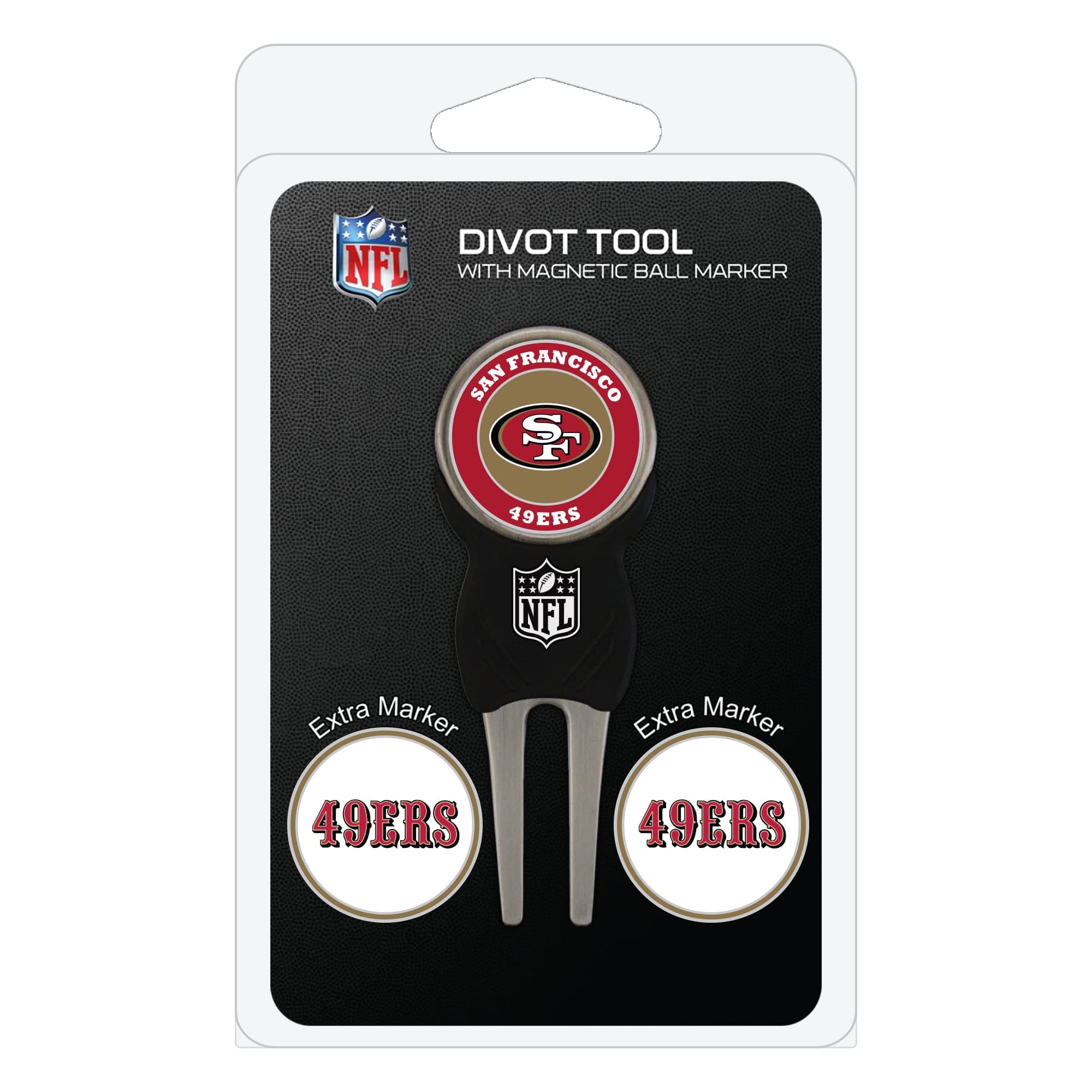 NFL San Francisco 49ers Divot Tool Pack With 3 Golf Ball Markers Divot Tool with 3 Golf Ball Markers Pack, Markers are Removable Magnetic Double-Sided Enamel