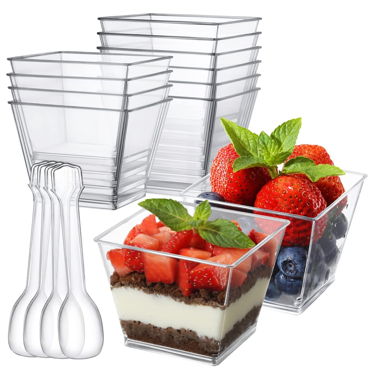 3.8 oz Plastic Dessert Cups with Spoons 50 Pack, Clear Square Mini Dessert Cups Appetizer Cups Parfait Cups Tumbler Cups for Mousse Puddings, Party Supplies