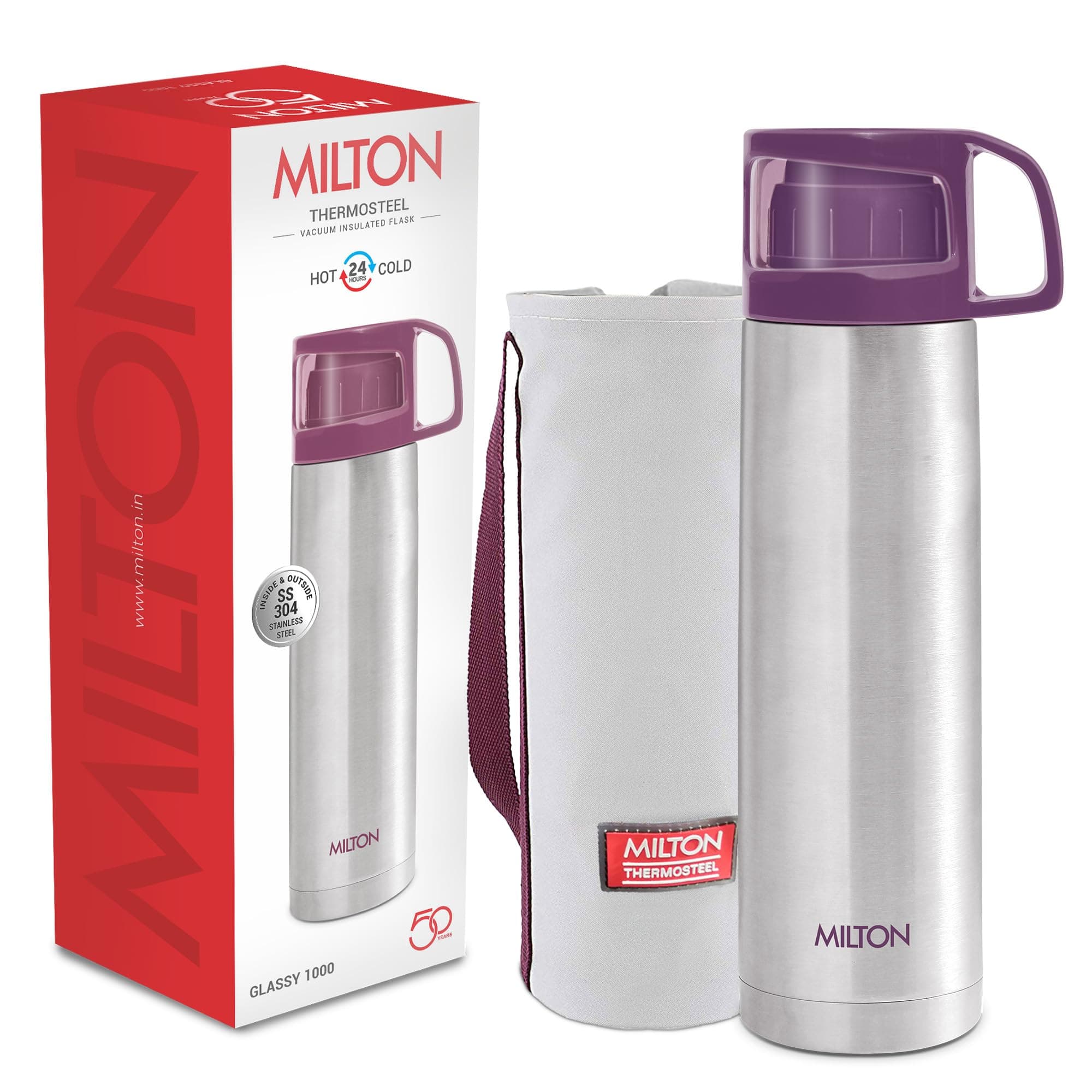 Milton for Hot Drinks 1000 ml (34 oz), 24 Hours Hot and Cold, Stainless Steel Water Bottle, Double Walled Vacuum Insulated Flask for Hot Coffee, Thermosteel, Leak Proof, Glassy, Purple
