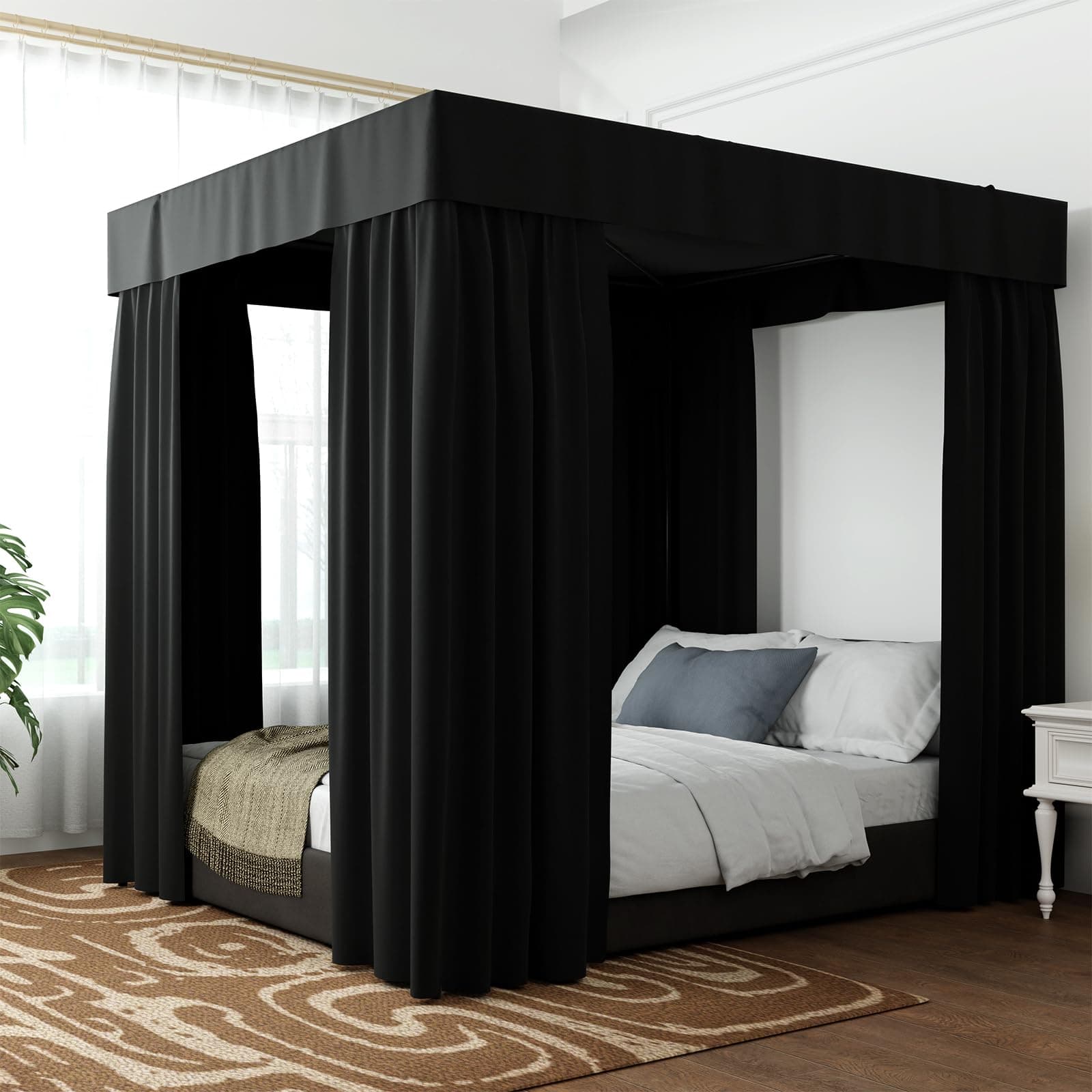 Hvqic Black Canopy Bed Drapes - 4 Corner Post Canopy King Bed Curtain Lightproof Drapes Bed Canopy for Adults & Girls Bedroom Decoration (King, Black)