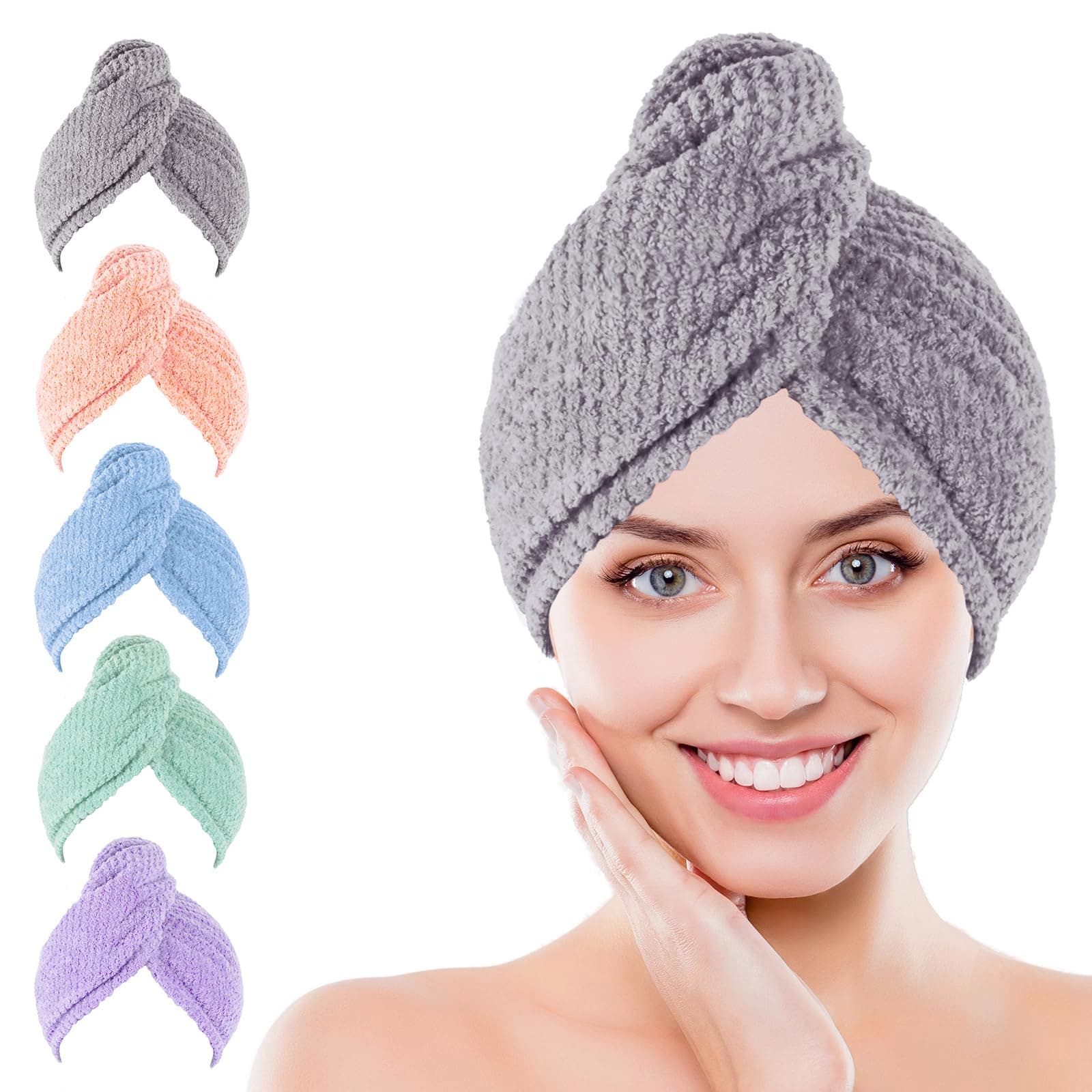 Soft Microfiber Hair Drying Towel Wrap, 5 Pack Elastic Hair Turbans for Fast Drying, Ideal for Women, Curly Wet Hair