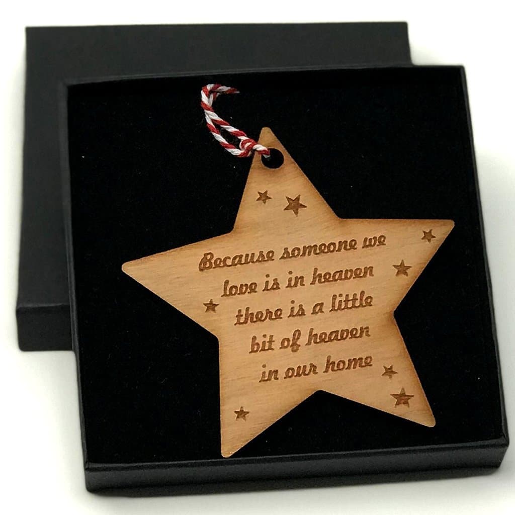 Because someone we love is in heaven memory bauble tree decoration Cherry wood in box