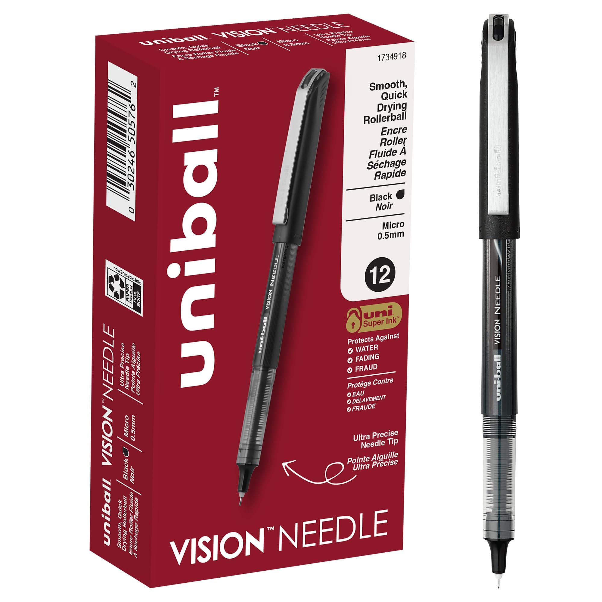 Vision Needle Rollerball Pens, Micro Point (0.5mm), Black, 12 Count
