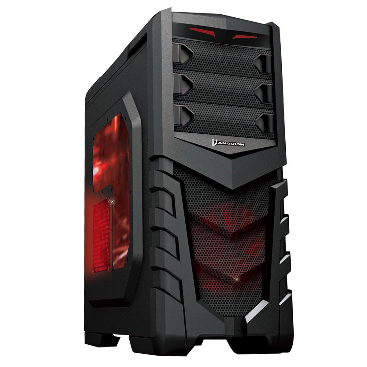 CiT Vanquish Gaming Toolless Case with USB3 Port, Side Window, Card Reader and 2 x 12CM Red Led Fans