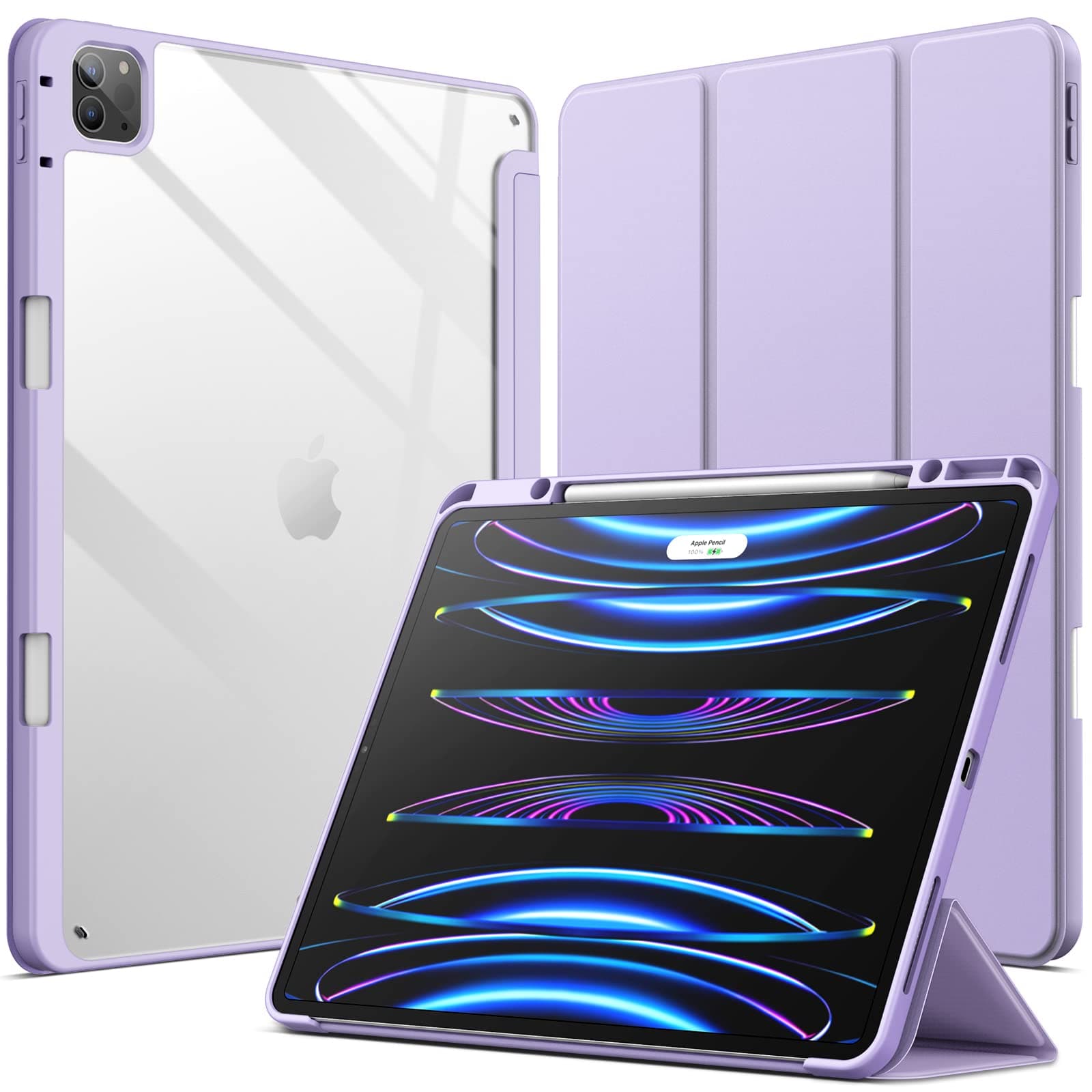JETech Case for iPad Pro 12.9-Inch (2022/2021/2020/2018) with Pencil Holder, Clear Transparent Back Shell Slim Stand Shockproof Tablet Cover, Auto Wake/Sleep (Light Purple)