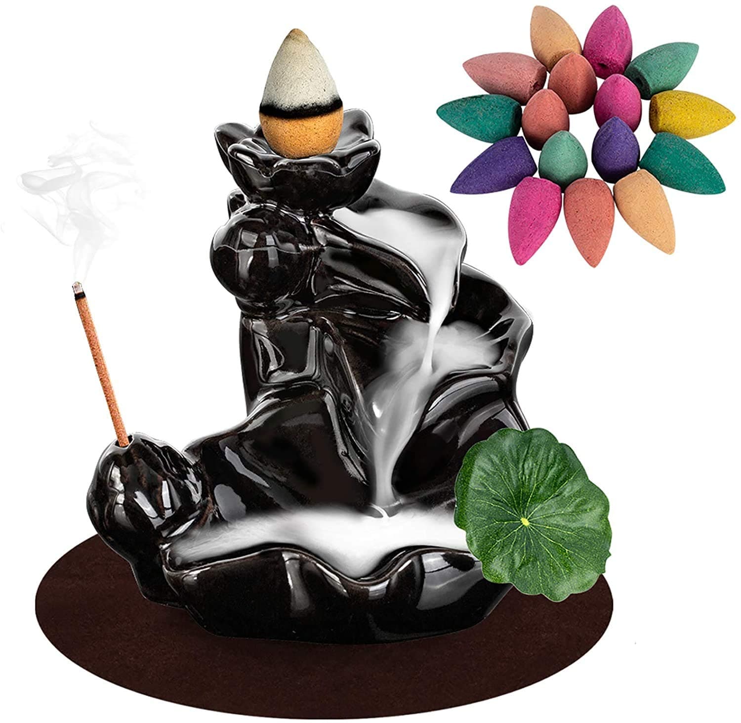 DK177 Waterfall Incense Holder Backflow Cone Ceramic Burner Handcrafted Porcelain Censer Incense Stick Stand with 20 Free Cones