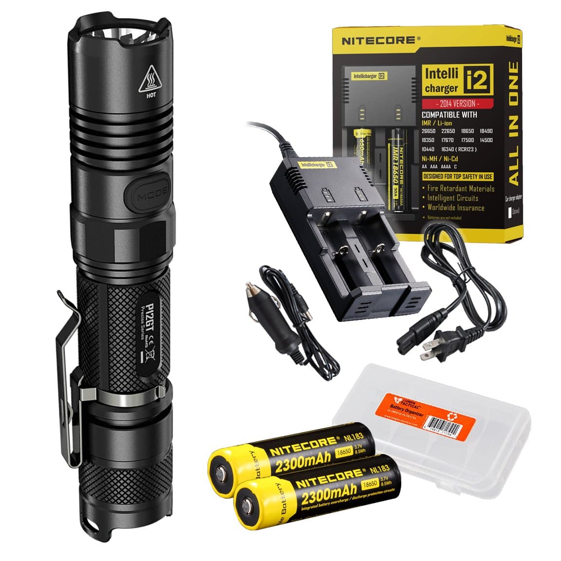 Nitecore P12GT 1000 Lumens Compact Tactical LED Flashlight, 2 x Rechargeable Batteries, i2 Two Channel Smart Charger, Lumentac Battery Organizer
