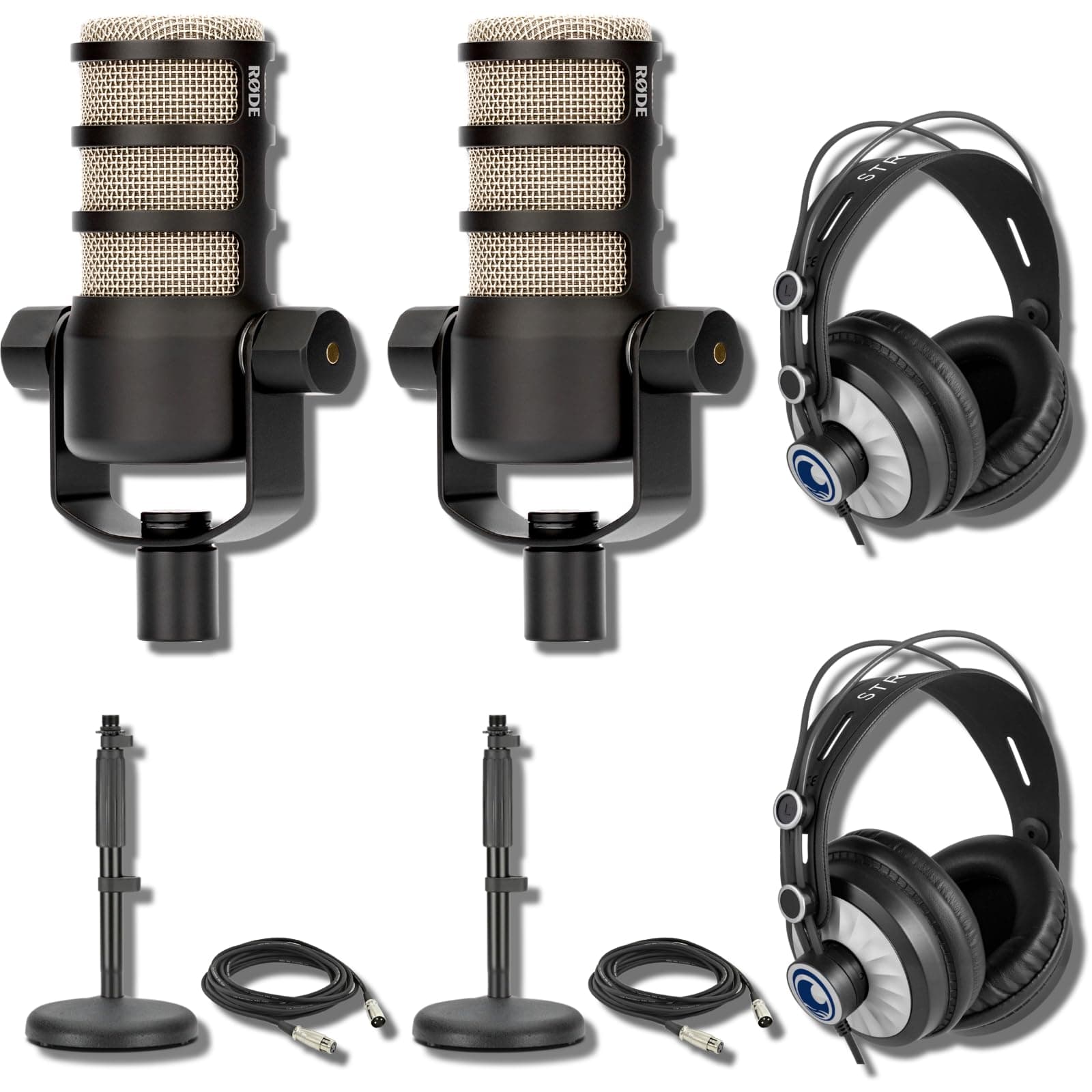 Rode PodMic Dynamic Podcasting Microphones (Pair) with Rode DS1 Microphone Desk Stands, TH-02 Studio Podcast Headphones, XLR Cables and StreamEye Polishing Cloth