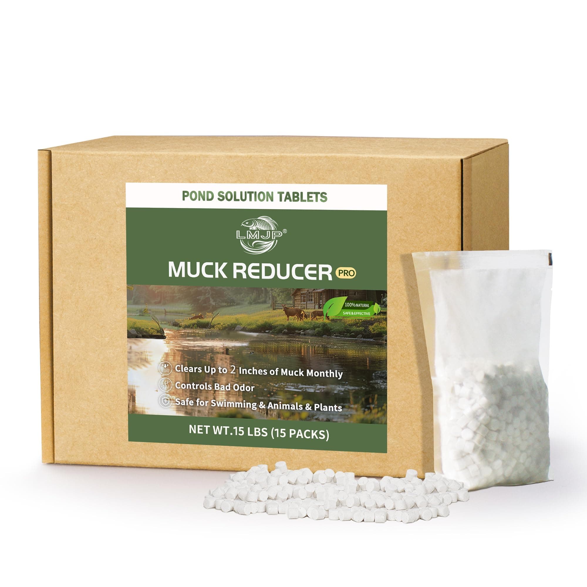 LMJP Muck Reducer - 15LB Natural Sludge Solution Tablets for Ponds & Lakes, Away Muck & Odor Control, Safe for Aquatic Life, Wildlife & Recreation, Treats Up to 90,000 Sq Ft