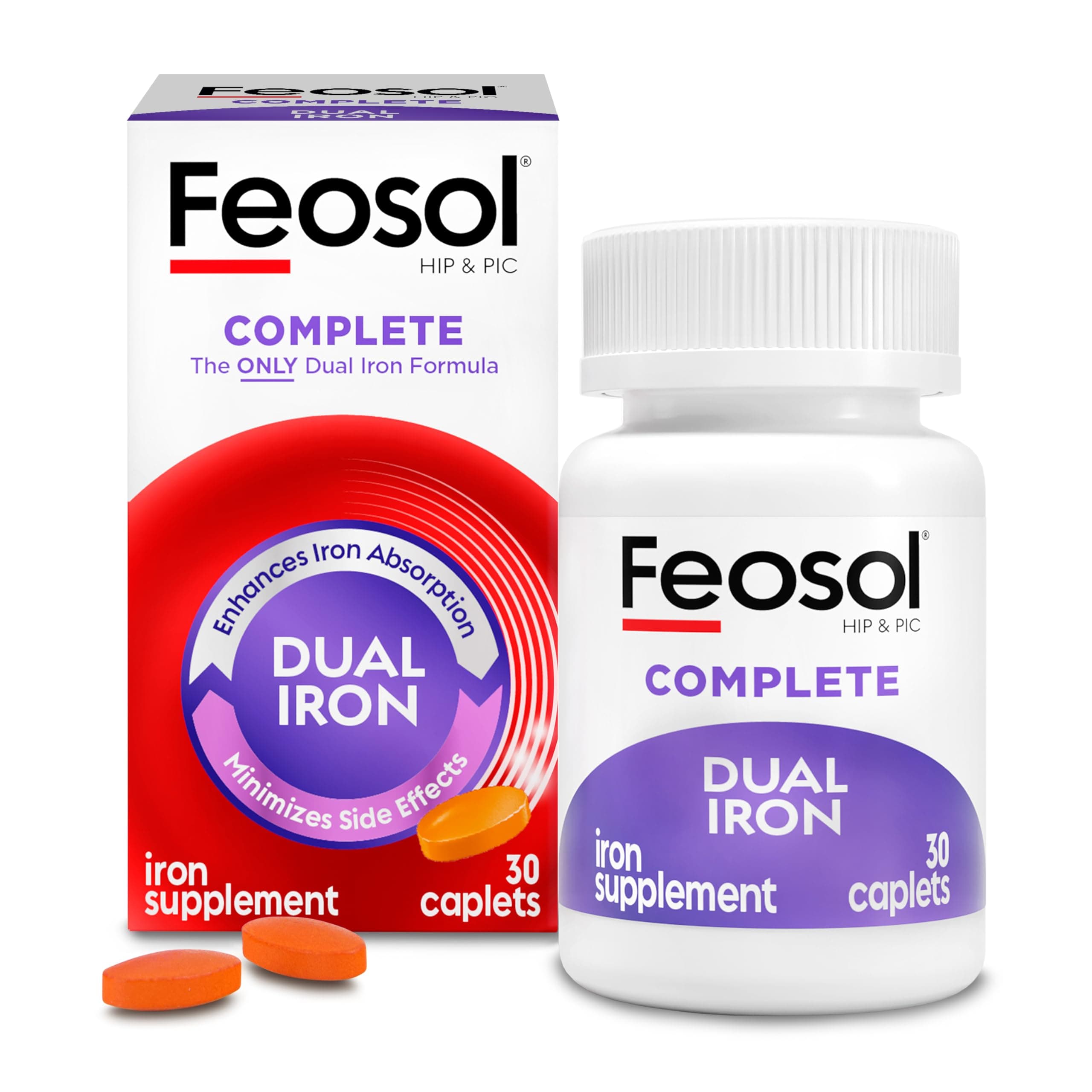 Feosol Complete Iron Supplement Caplets, Bifera Iron for High Absorption, Heme and Non-Heme Dual Action Minimizes Side Effects, 1 Per Day, for Energy and Immune System Support, 30 Count (Pack of 36)