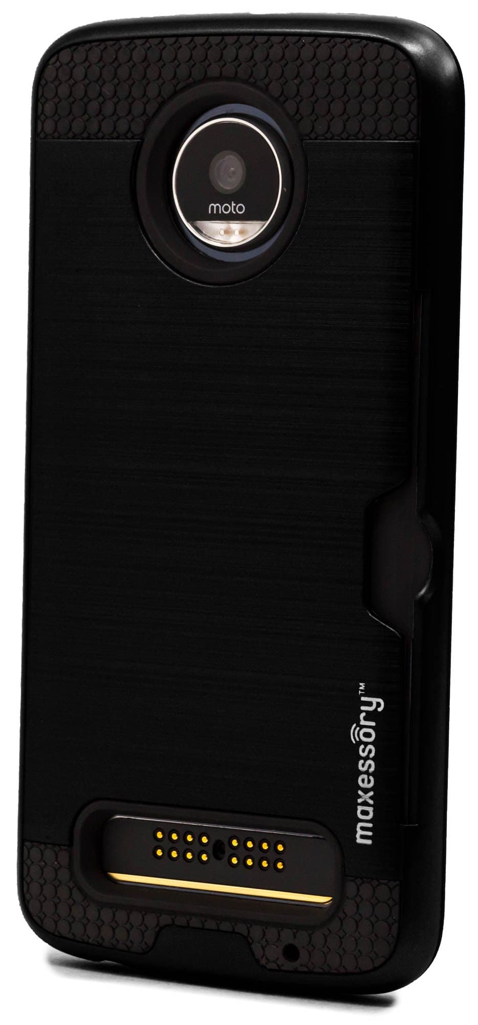 Moto Z Play Case, Maxessory Black Enhanced Thin Rigid Tough Reinforced Protective Armor Cover W/Reinforced Bumper Easy-Access Card Holder