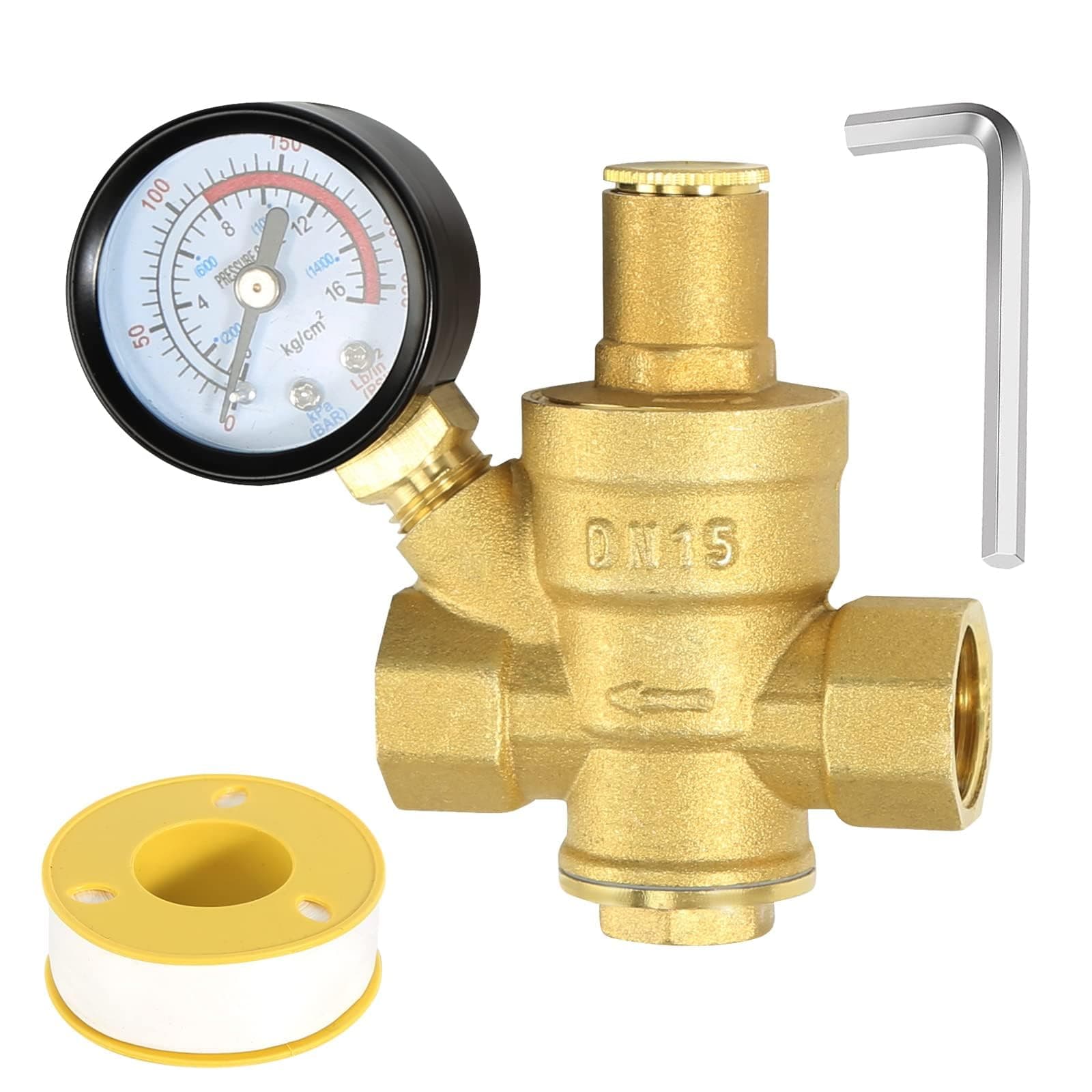 Water Pressure Regulator 1/2 inch with Gauge, Made of 100% High Hardness Brass, Adjustable Water Pressure Reducing Valve Water