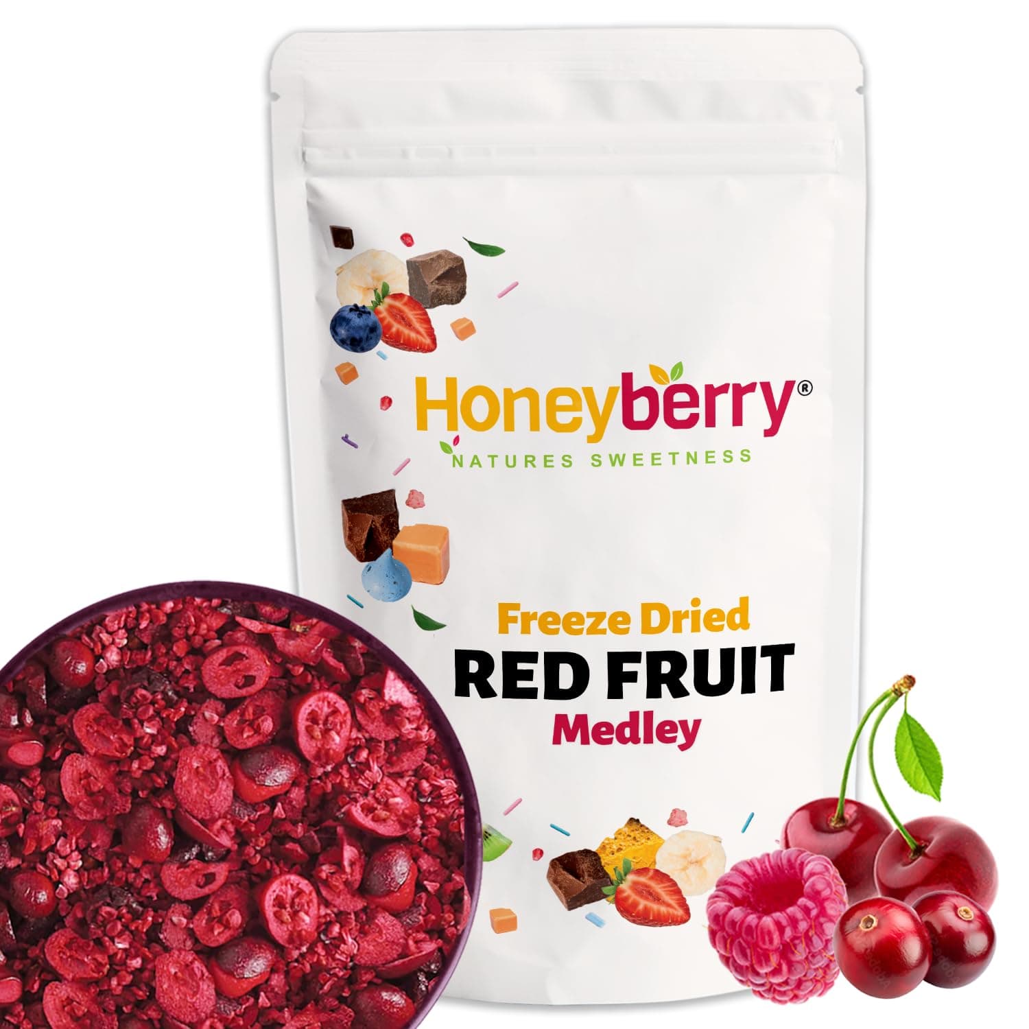 Freeze Dried Fruit Blend - Red Fruit Medley 100g - Raspberry Pieces, Sour Cherry Slices, Cranberry Slices