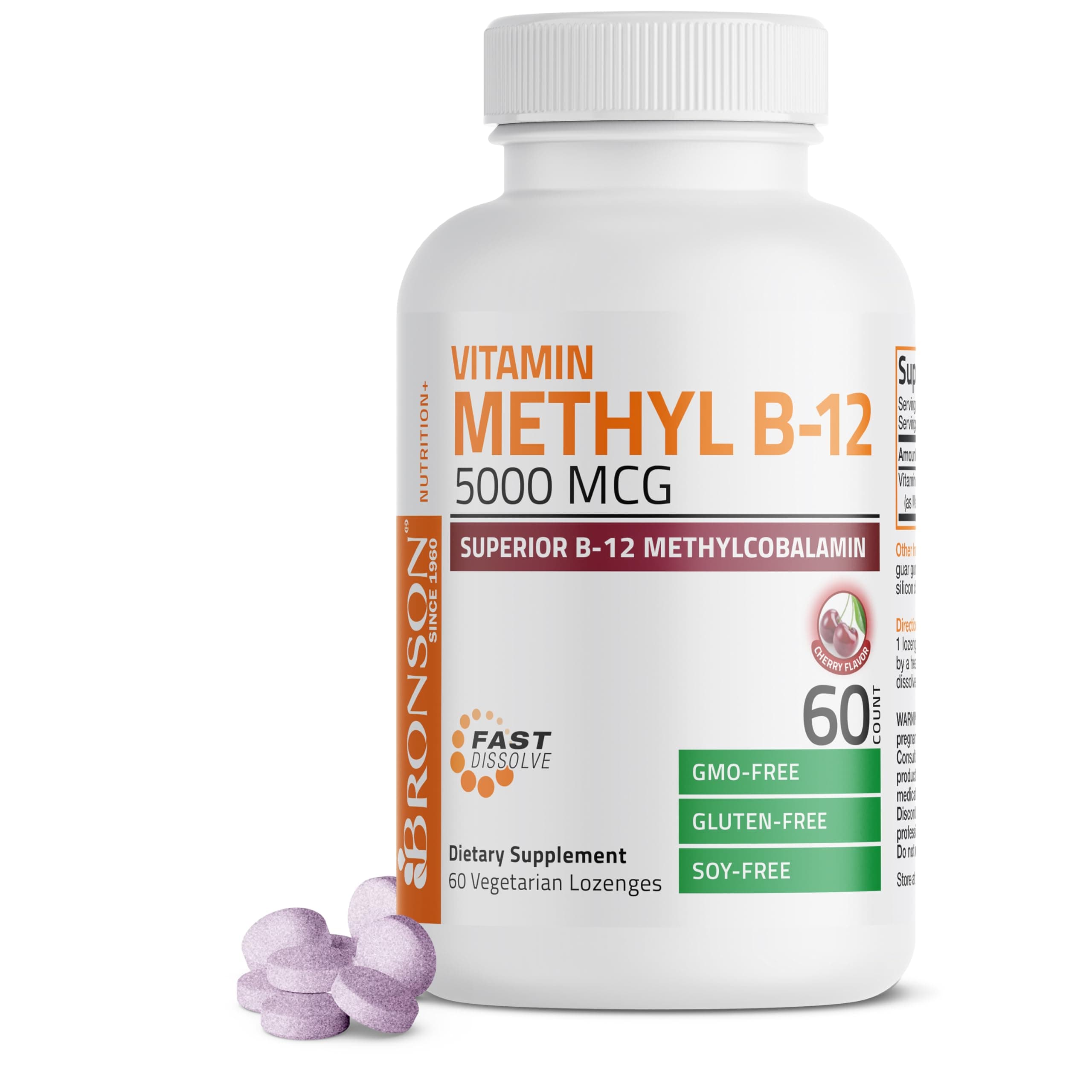 Bronson Methyl B-12 5000 mcg - Superior B-12 Methylcobalamin - Non GMO, 60 Fast Dissolve Cherry Tablets