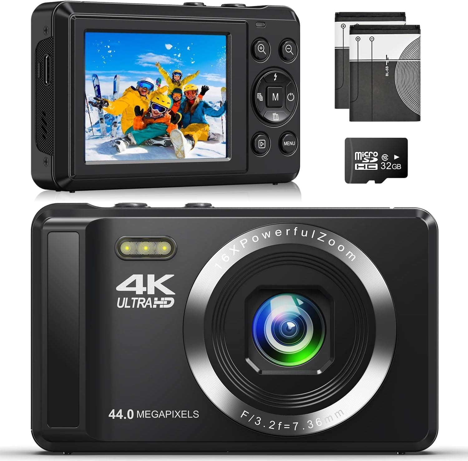 Digital Camera 4K 44MP Compact Camera with 16X Digital Zoom, Auto-Focus Kids Point and Shoot Digital Camera with 32GB SD Card, Portable Camera for Teens Kids Boys Girls, DC065