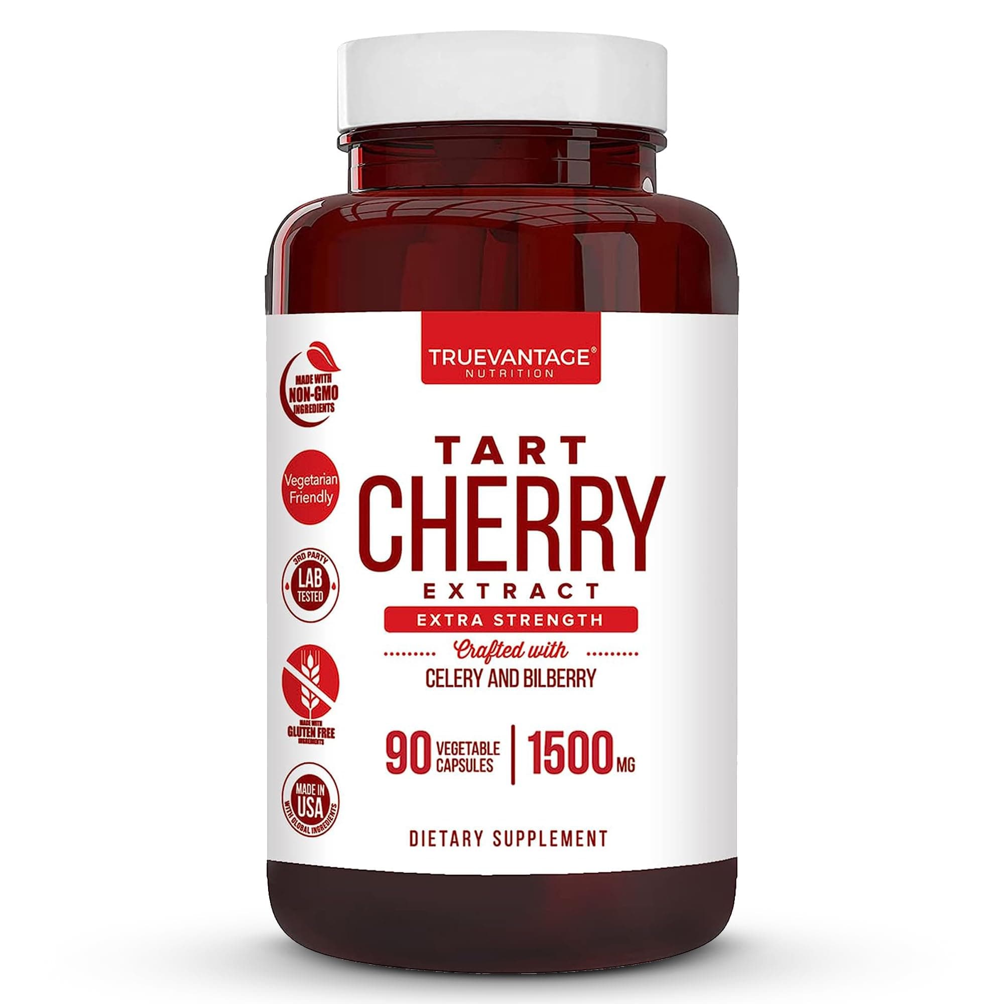 Tart Cherry Extract Capsules with Celery Seed Extract and Bilberry for Joint Support, Muscle Recovery, and Uric Acid Flush Support, Made in The USA - 90 Tart Cherry Capsules