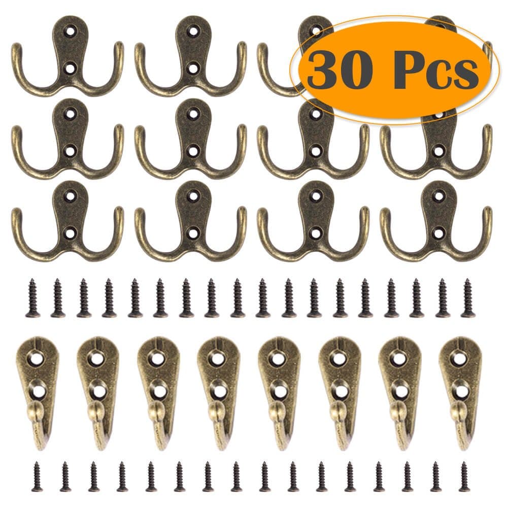 Walue 30 Pieces Double and Single Bronze Prong Hooks with 60 Pieces Screws