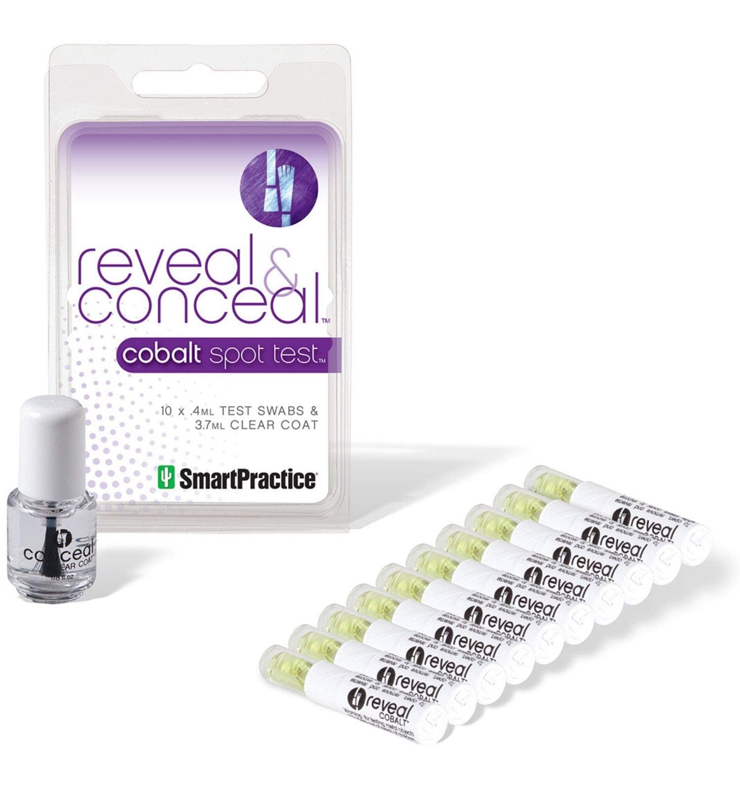 Reveal and Conceal Cobalt Test Kit by Smart Practice - Detecting Cobalt is a Snap - Test for Cobalt in Your Jewelry and Prevent Skin Exposure With Liquid Clear Coat - Includes 10 Test Swabs