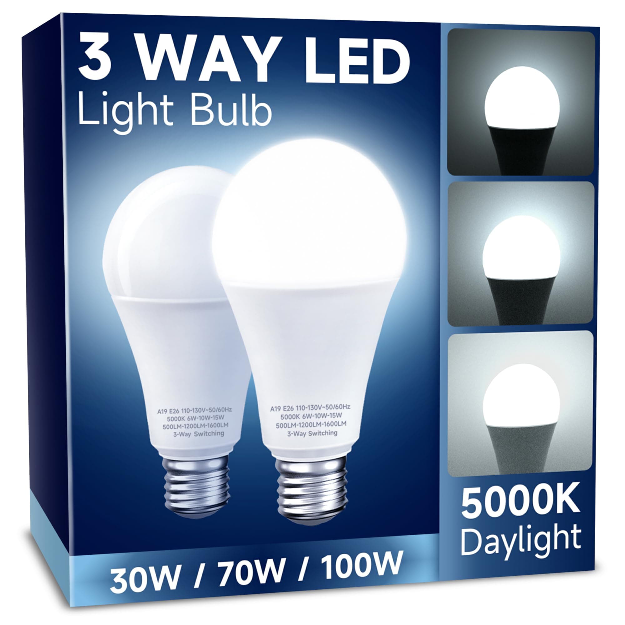 3 Way LED Light Bulbs, 30/70/100W Equivalent, Daylight White 5000K, A19 Three Way Light Bulbs with E26 Medium Base, 2 Pack for Desk and Floor Lamps