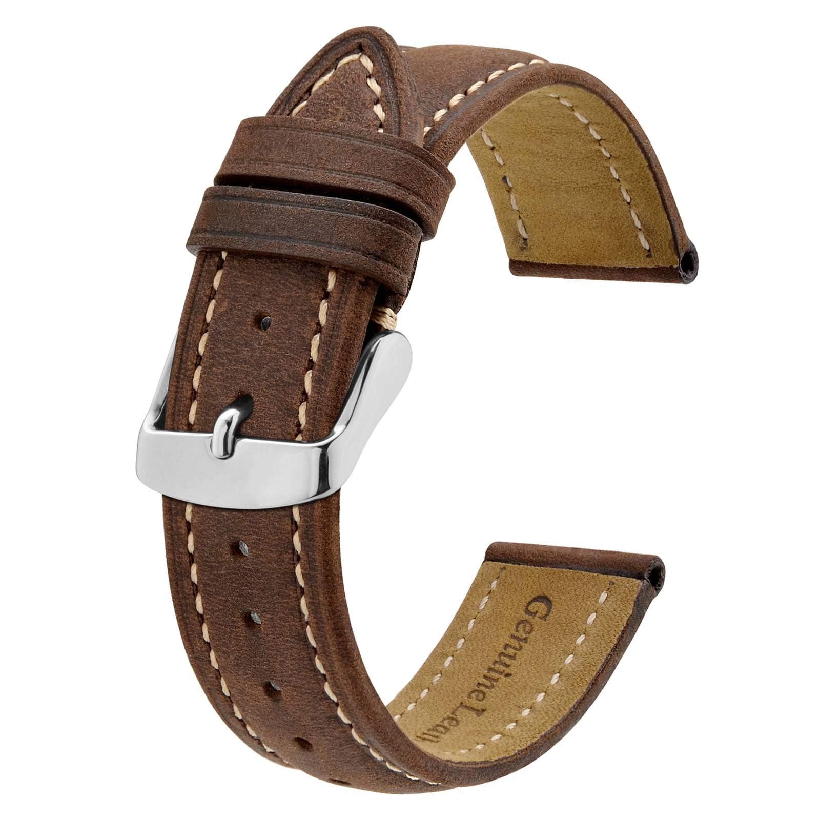 BISONSTRAP Watch Strap, Vintage Leather Replacement Bracelet, Band Width-14mm 15mm 16mm 17mm 18mm 19mm 20mm 21mm 22mm 23mm 24mm, Brown with Thread, 18mm, Retro