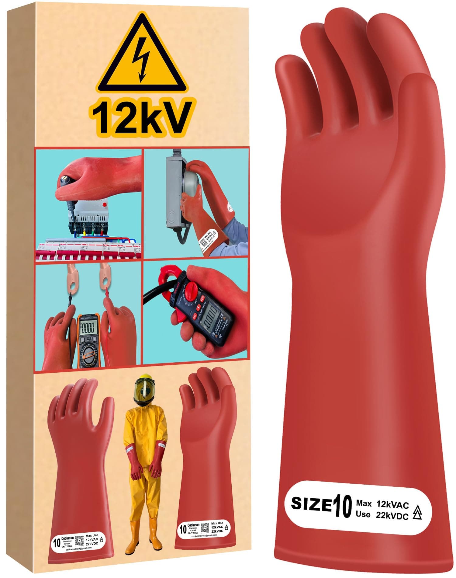 12kV Electrical Gloves Size 10 Rubber Thick Not for Dexterous Work High Voltage Electric Insulated Electrician Safety Shock Proof Lineman Long Red HV 12000VAC EV Hybrid Glove Water Proof