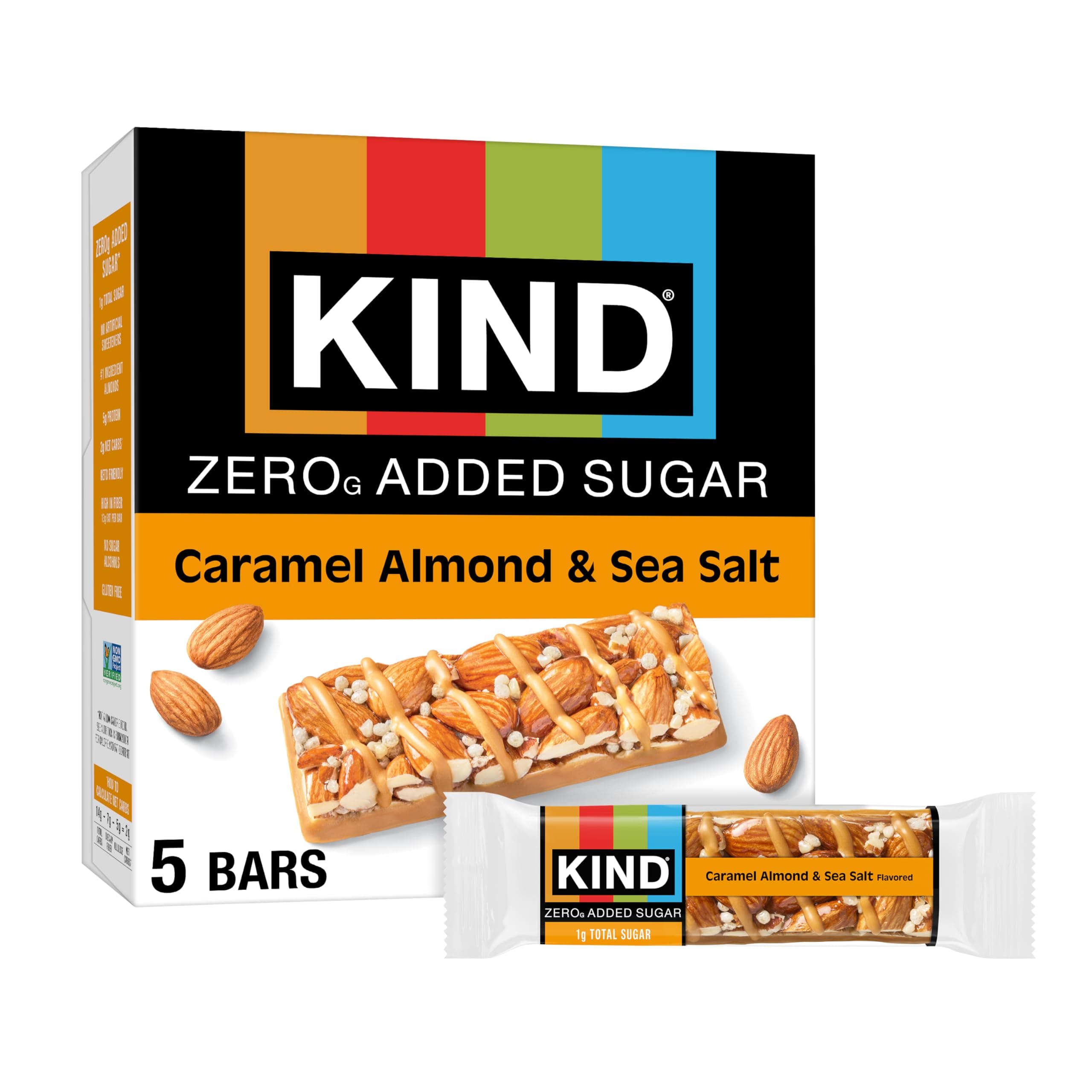 KIND ZERO Added Sugar Bars, Keto Friendly Snacks, Caramel Almond and Sea Salt Flavored, 6.2oz Box (5 Bars)