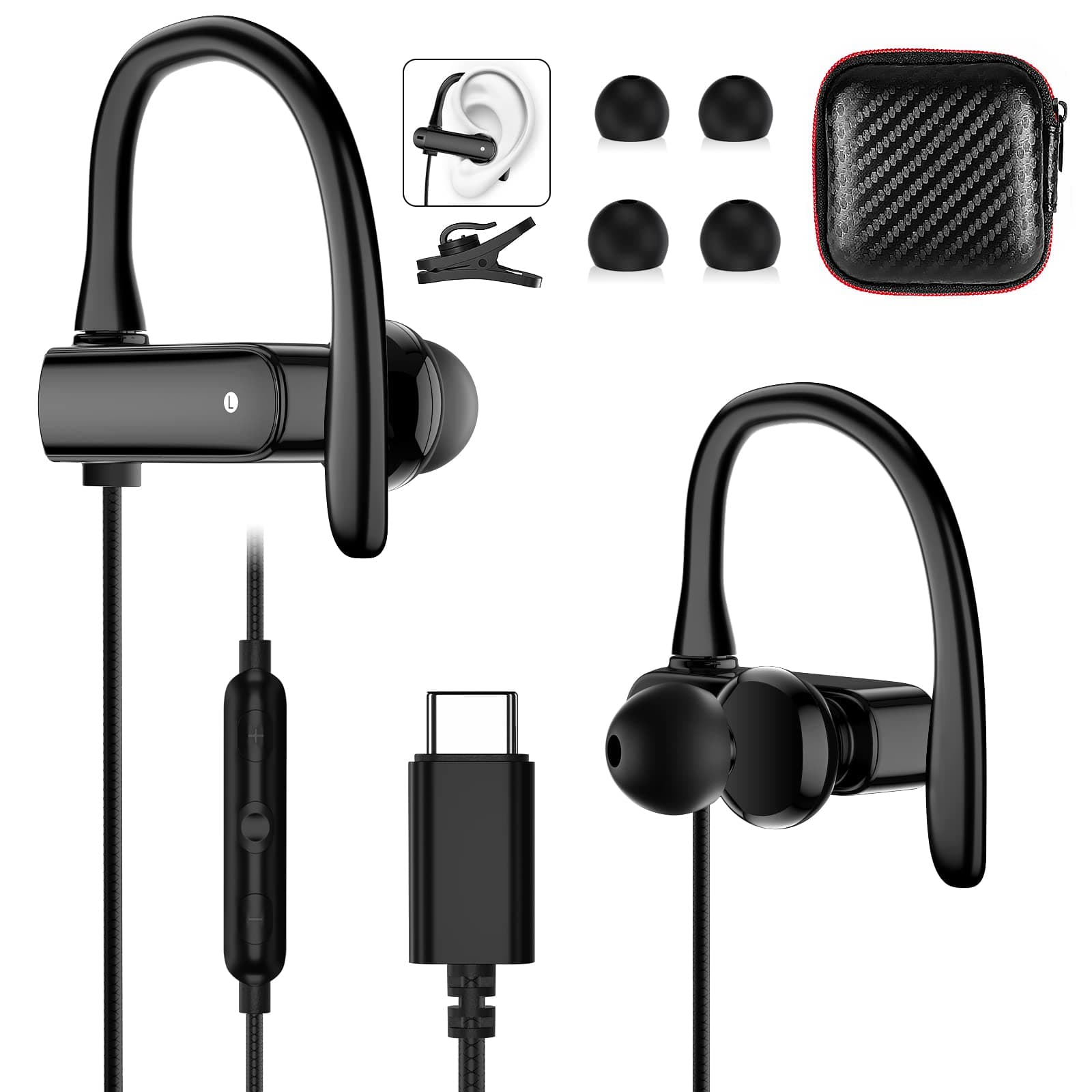 USB C Headphones Wired Earbuds for Apple/Android Anti Drop Over Ear Earhook Gym Sport Running Type C Earphones for iPhone 17 17e Air 16 15 16e for Samsung/Galaxy S26 S25 S24 for Google/Pixel 10 Black