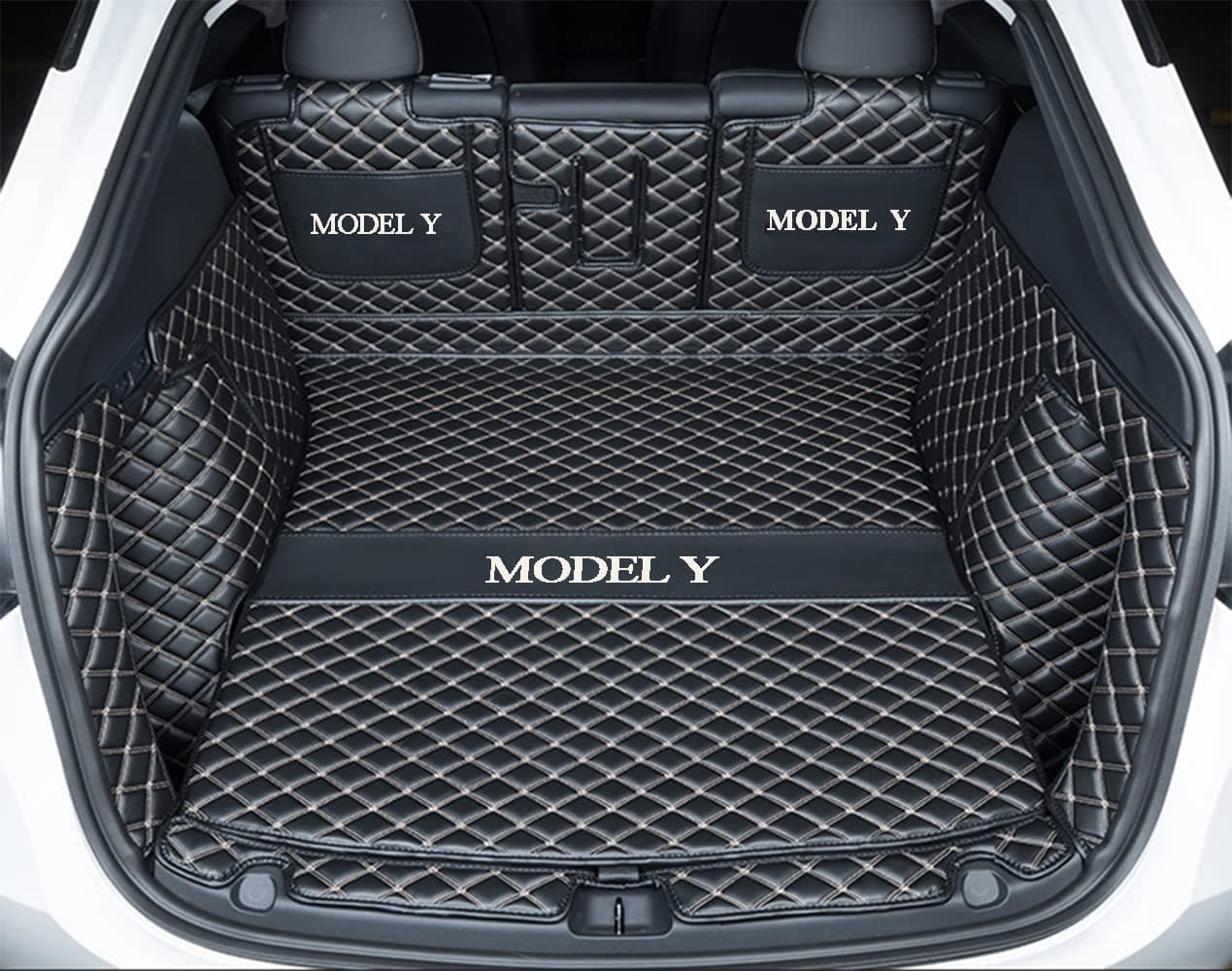 Cargo Mat for Tesla Model Y 5-Seater 2020-2025 Car Trunk Liner (Rear Trunk Cover+Back Seat Protector+High Sides Panel Protector+Door Sill Protector)