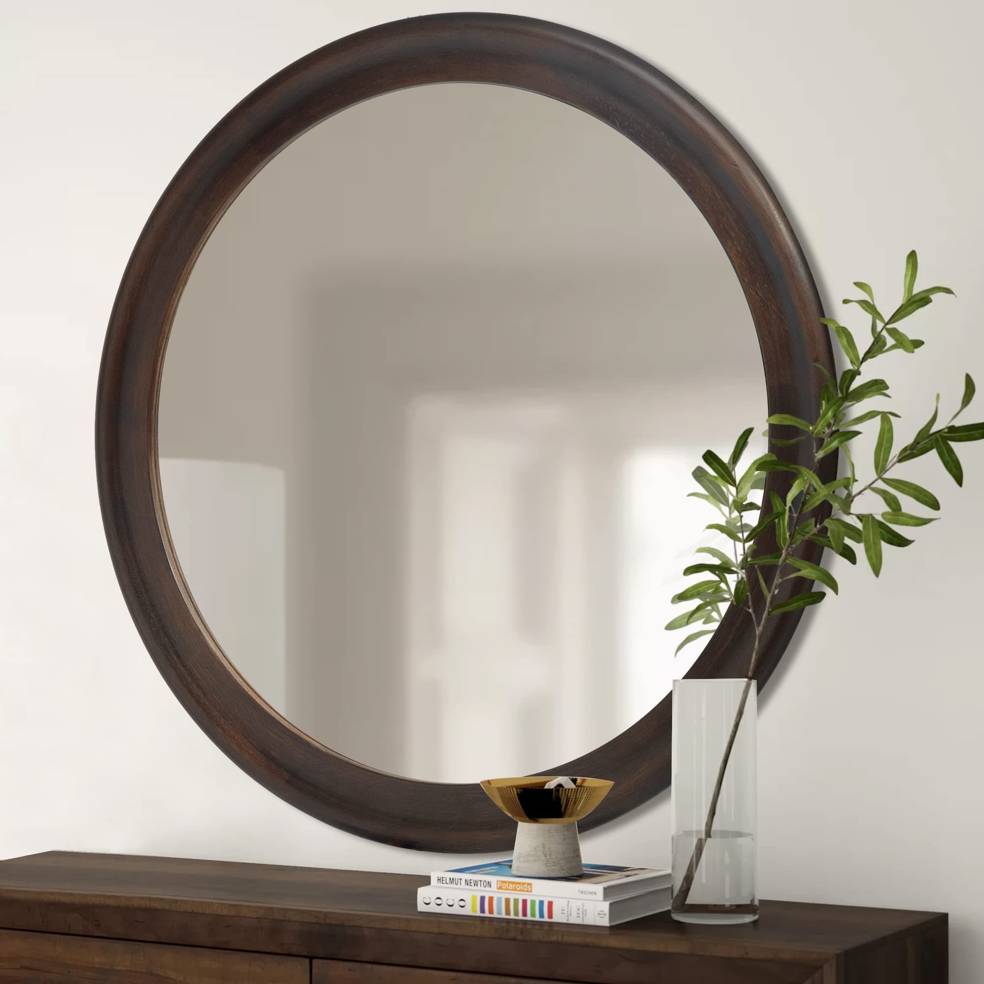 CULER Round Wall Mirrors 30 Inch,Wood Rustic Decorative Transitional Mirror with Walnut Frame for Wall,Farmhouse Hanging Vanity Mirror for Bathroom Bedroom Living Room or Entryway (Walnut Brown)