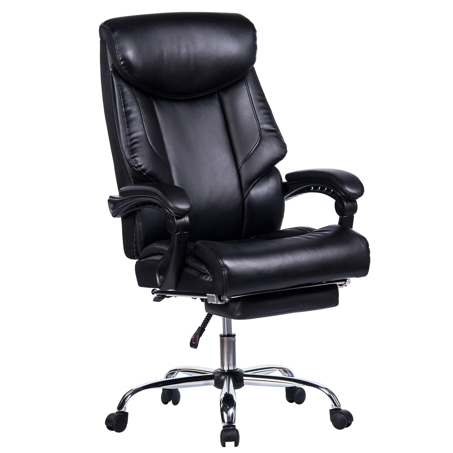 Reclining Office Chair - High Back Memory Foam Bonded Leather Executive Chair with Retractable Footrest, Adjustable Angle Recline Lock System, Thick Padding Ergonomic Design
