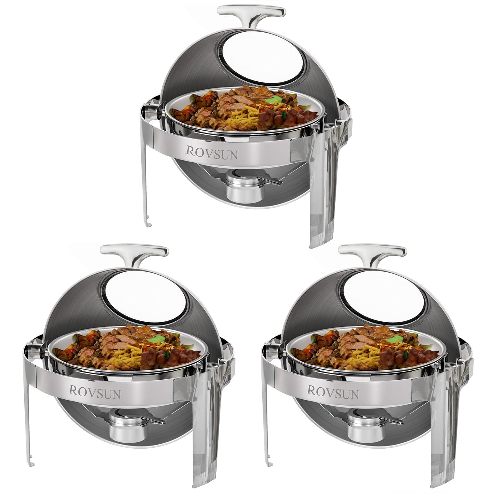 ROVSUN 3 Packs Roll Top Chafing Dish Buffet Set,6 Quart Round Stainless Steel Chafer for Catering,Buffet Servers and Warmers Set with Glass Window for Wedding, Parties, Banquet, Events,Graduation